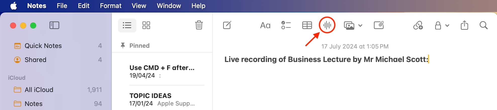 Record audio in Apple Notes on Mac