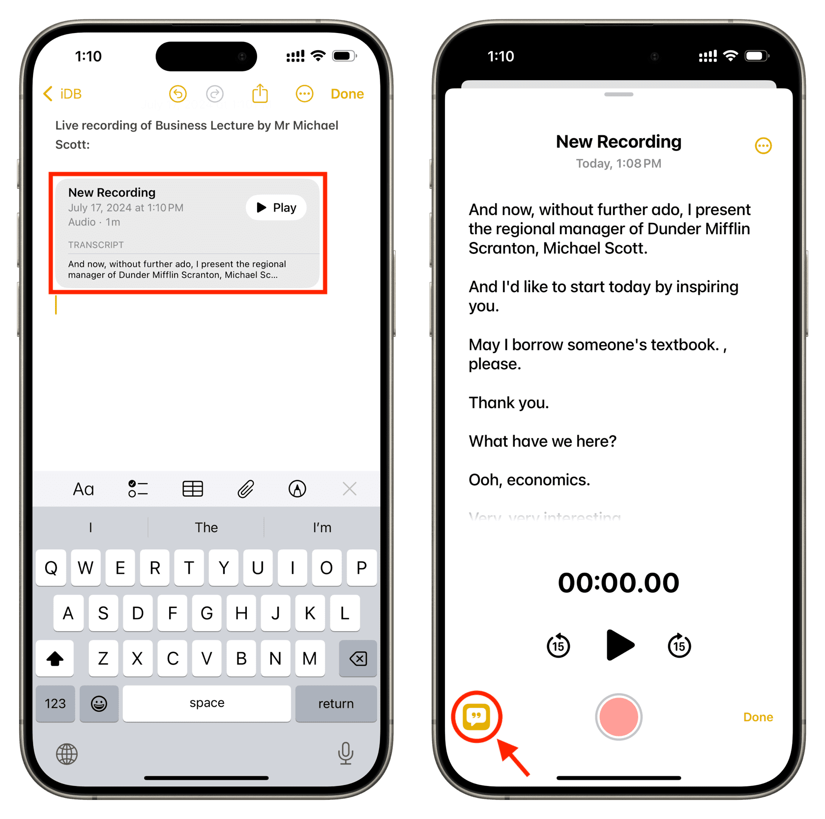 See transcription of voice recording in Apple Notes app