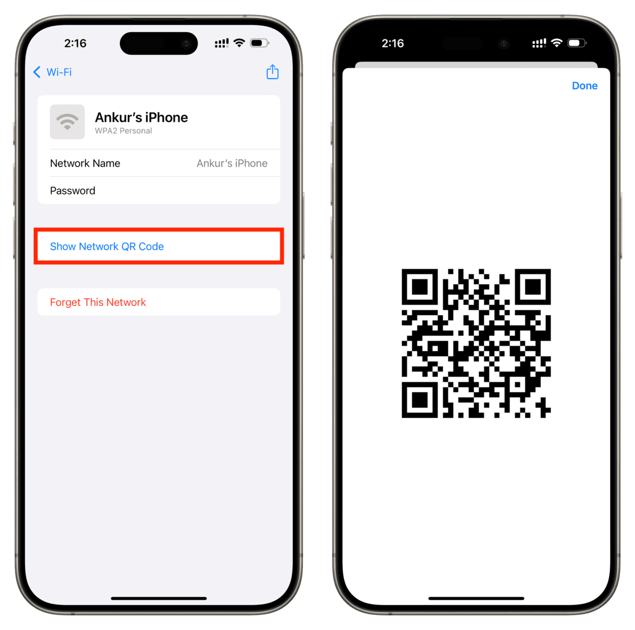 Seeing QR code of Wi-Fi network on iPhone