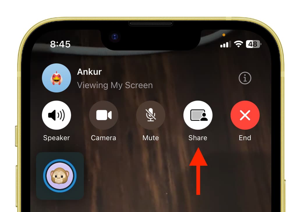 Tap Share button in FaceTime to end screen sharing