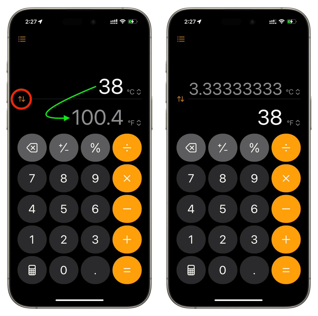 Tap arrow button in iPhone Conversion Calculator to move active value up or down