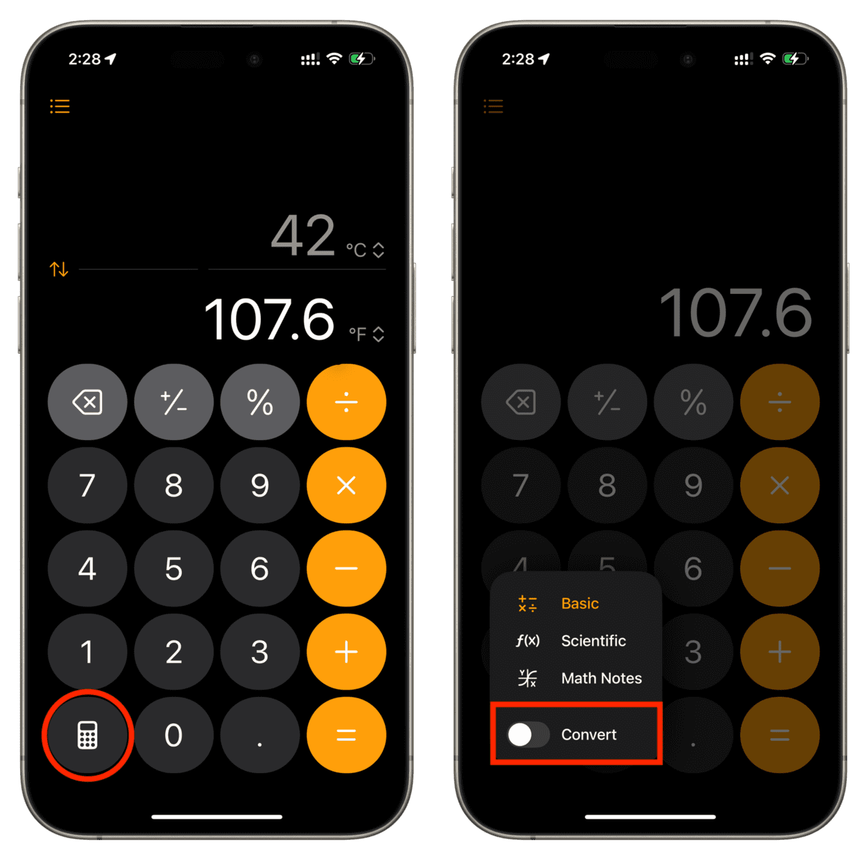 Turn off Convert feature in iPhone Calculator