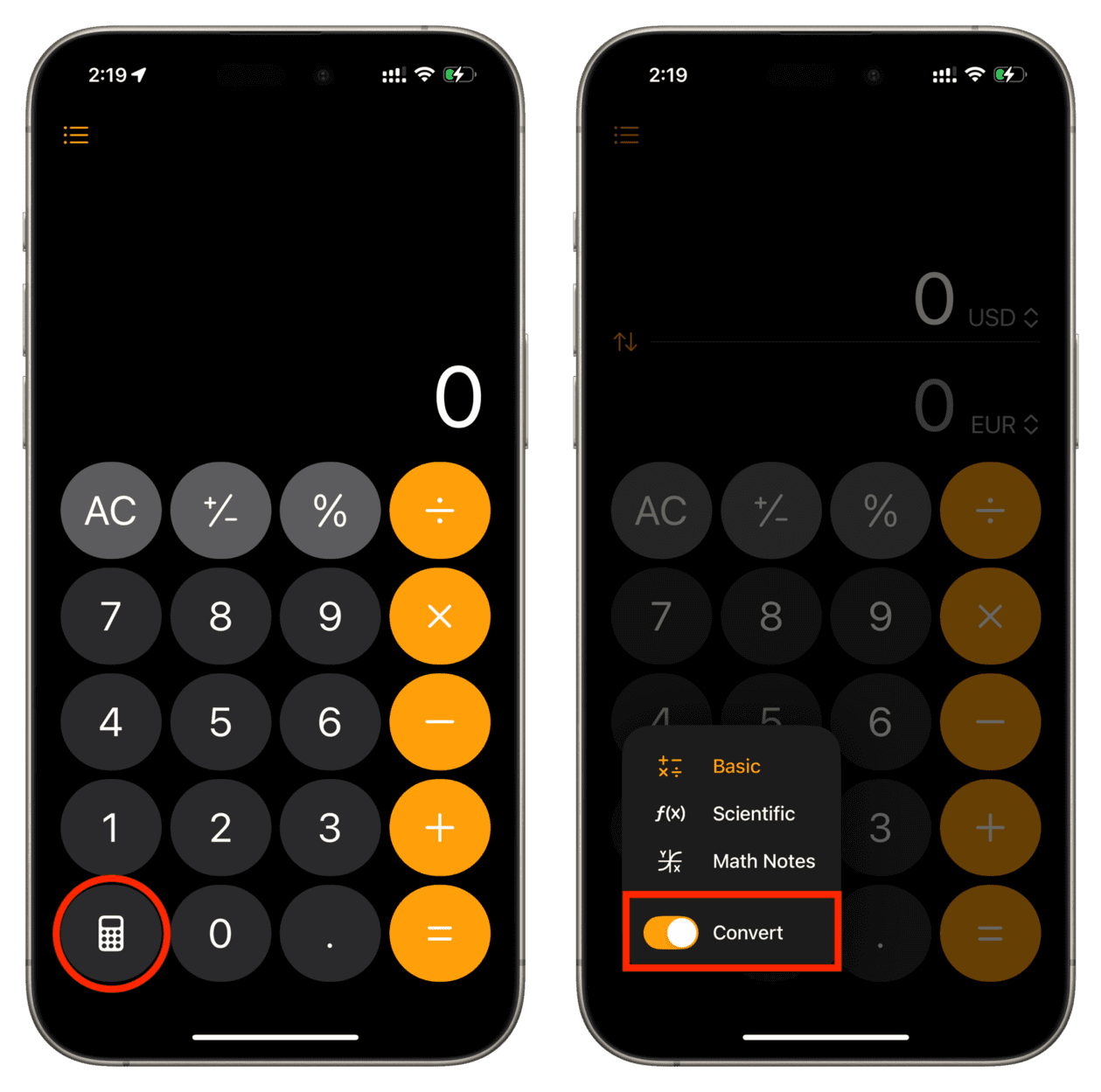 Turn on Convert in iPhone Calculator app