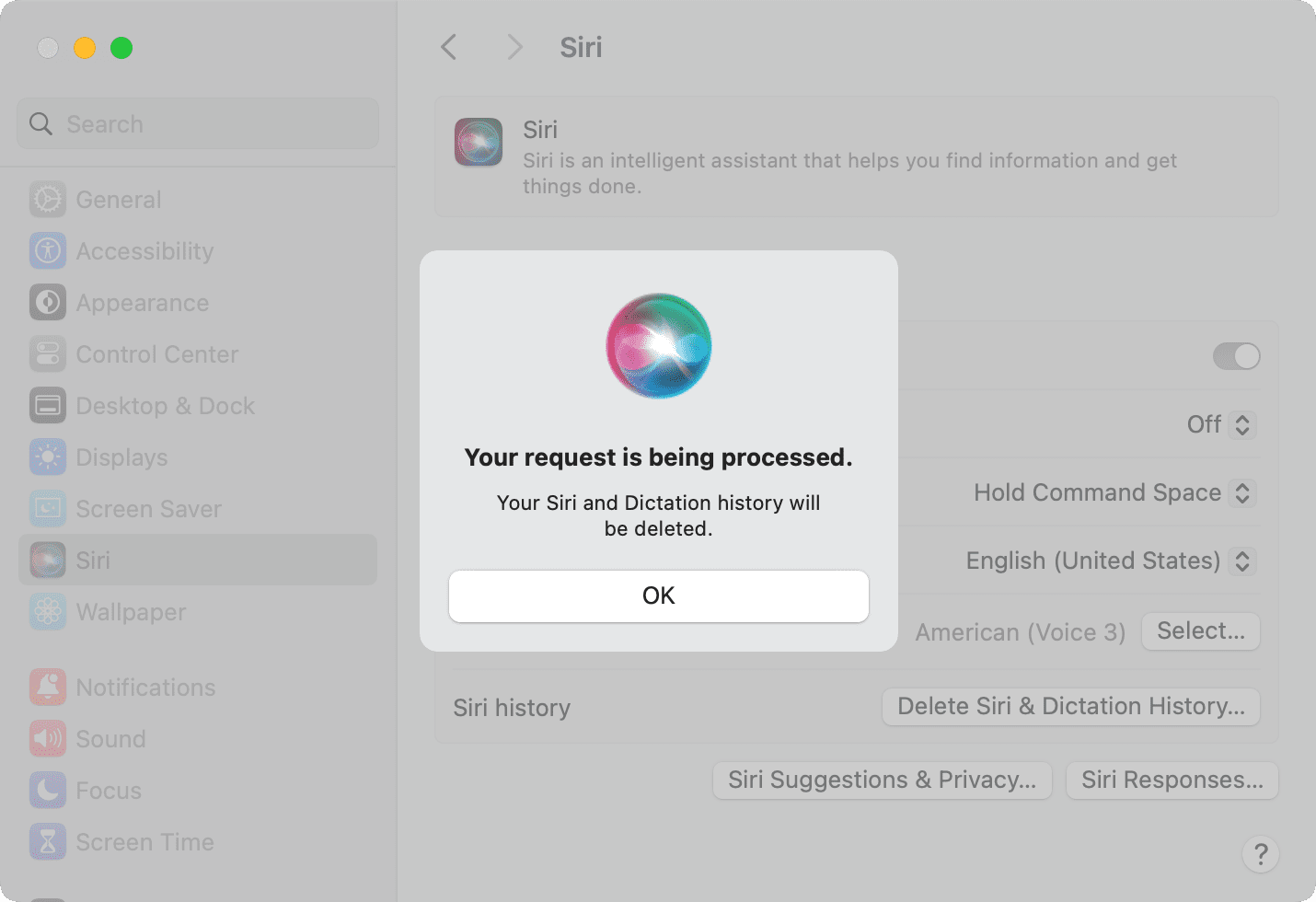 Your request is being processed to delete Siri data on Mac