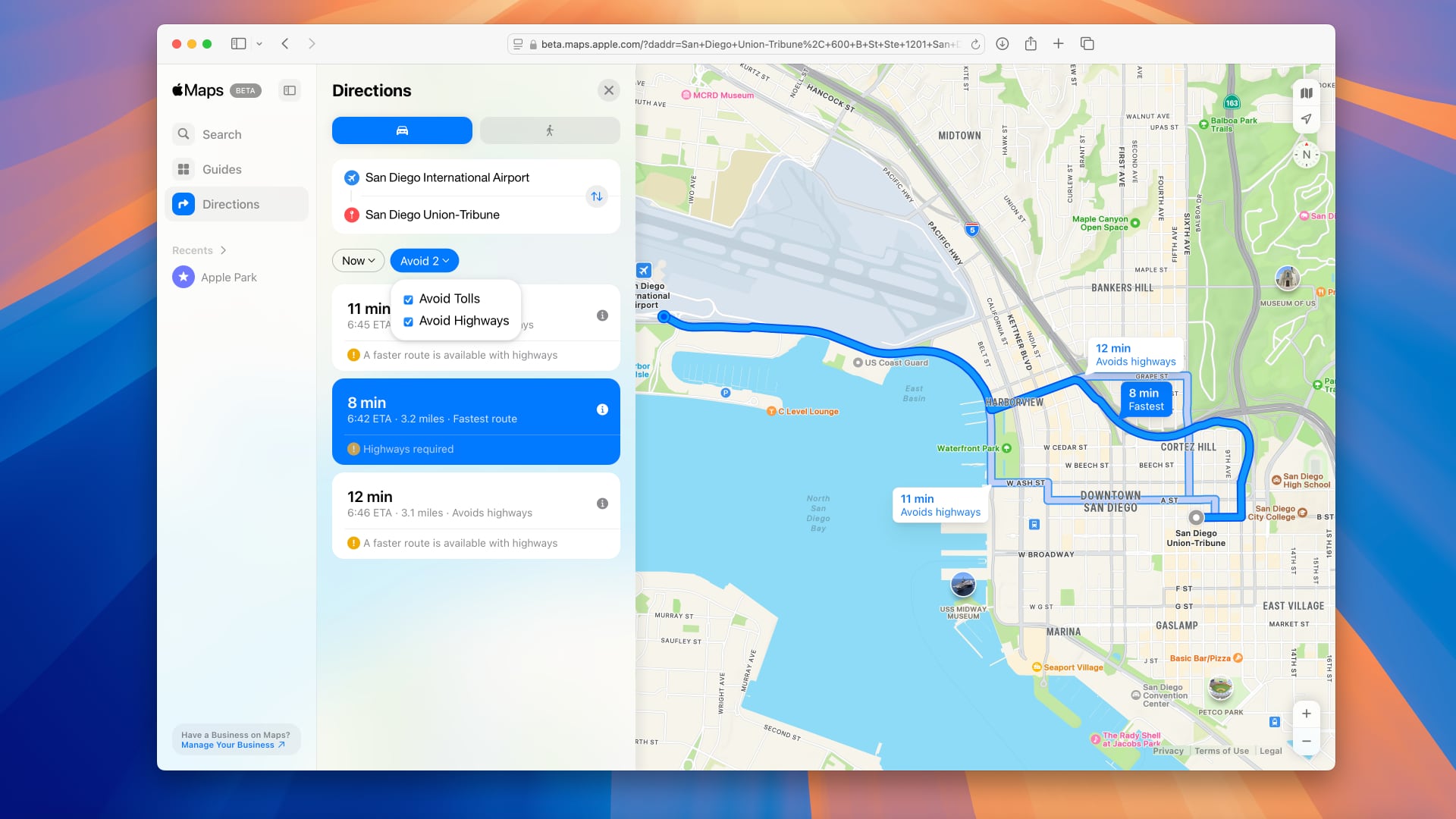 Safari showcasing navigation with the Apple Maps web app.