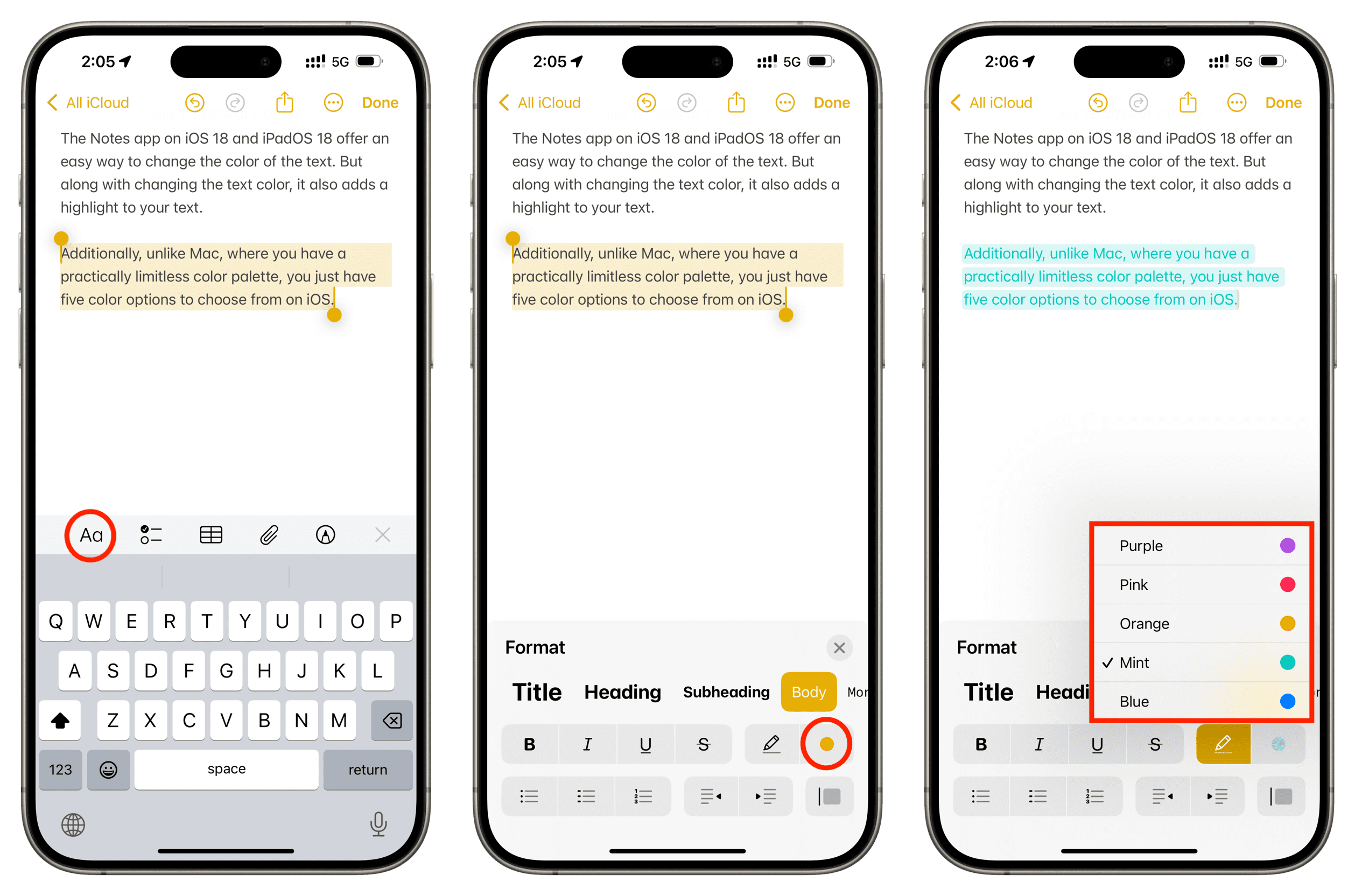 Add color to text in Notes app on iPhone