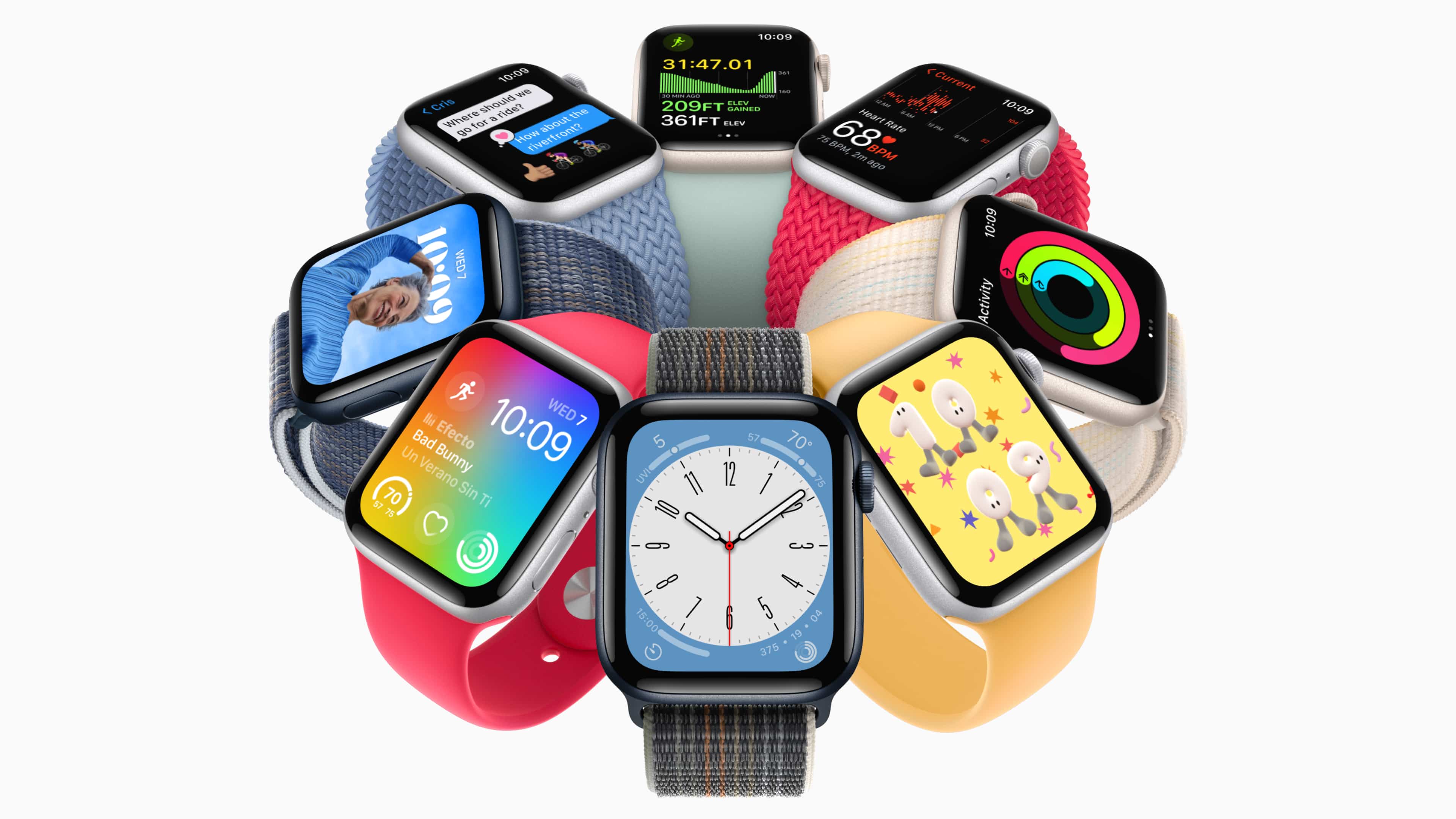 The second-generation Apple Watch SE model arranged in a circle pattern, showcasing bands and colors options