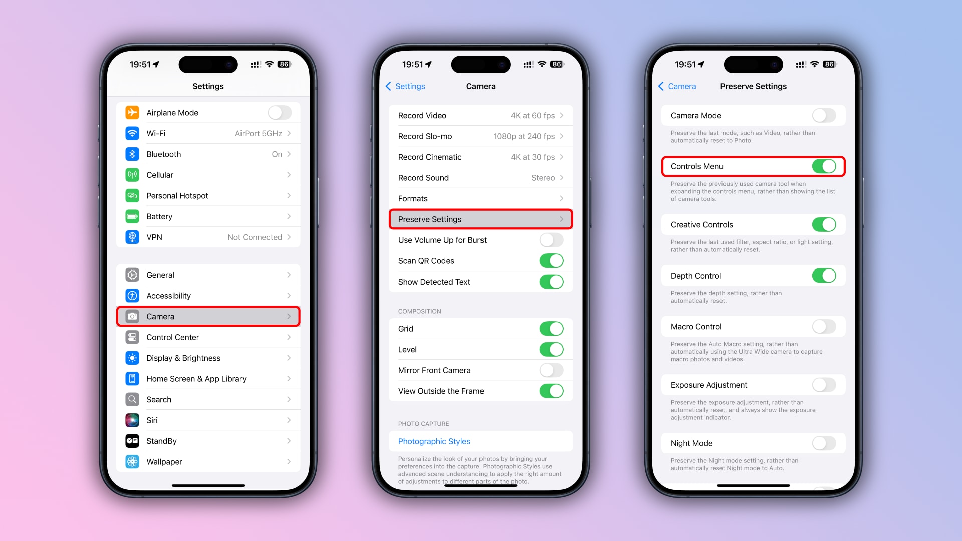 Three framed iPhone screenshots showing how to get to the Controls Menu option in the camera settings.