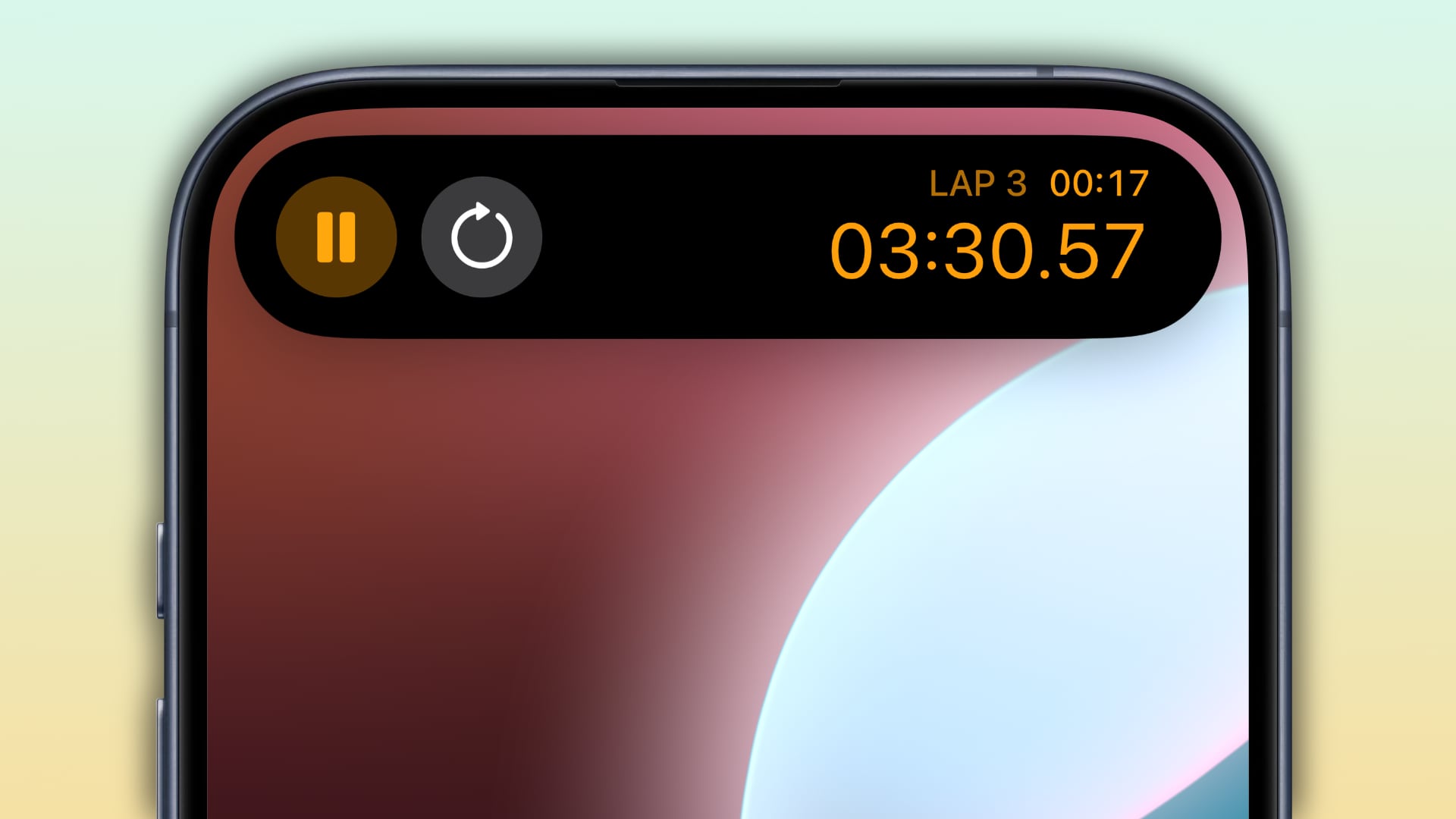 Stopwatch in the iPhone's Dynamic Island, paused and showing lap times.