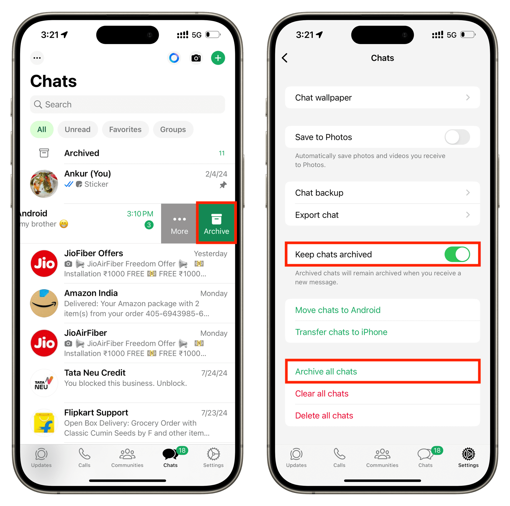 Archiving chat on WhatsApp on iPhone