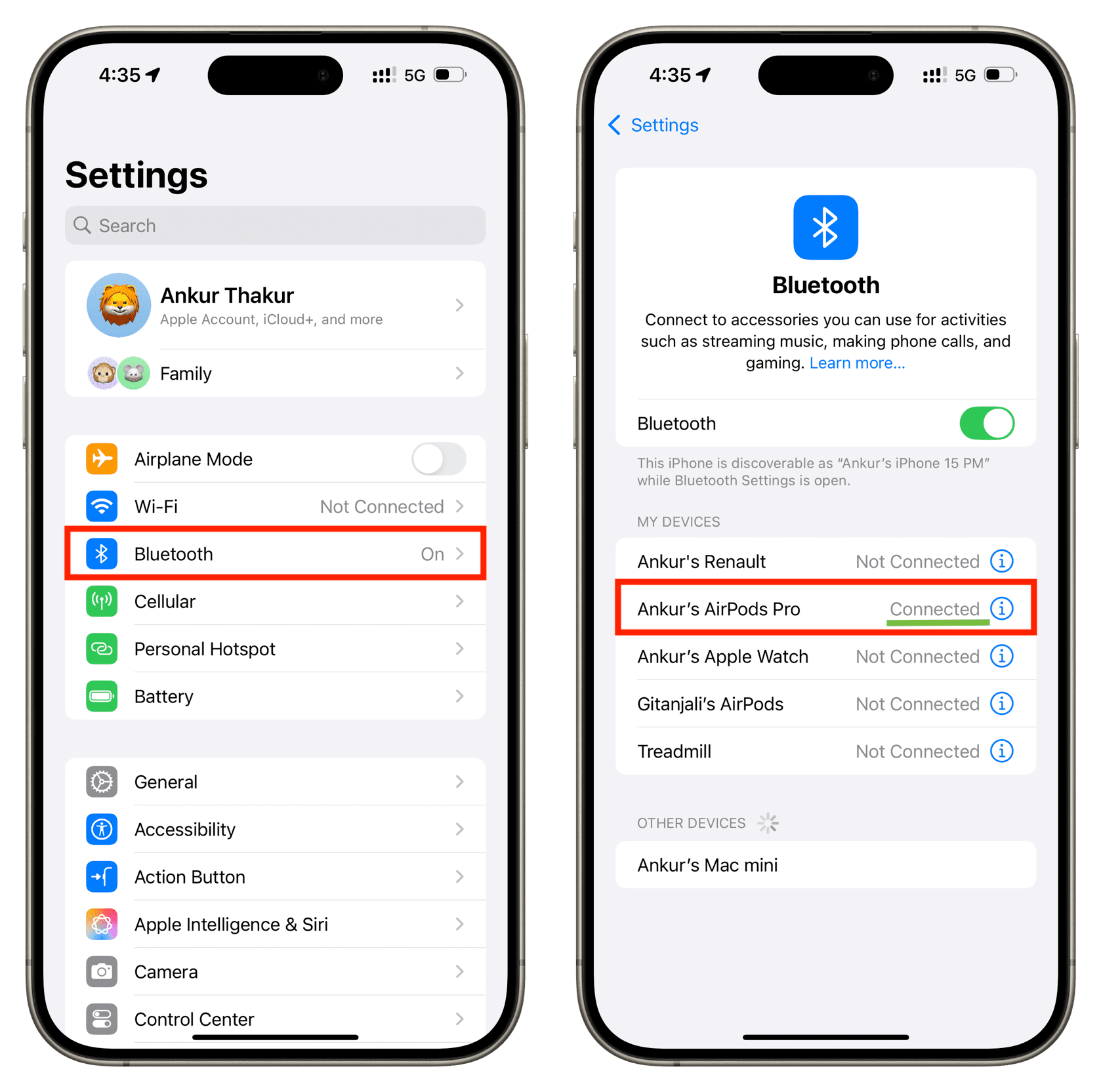 Connect AirPods from iPhone Bluetooth settings