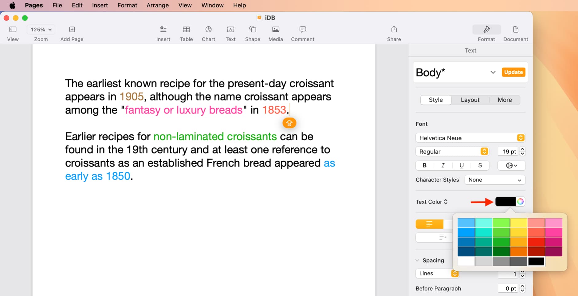 Formatting text with colors in Apple Pages app