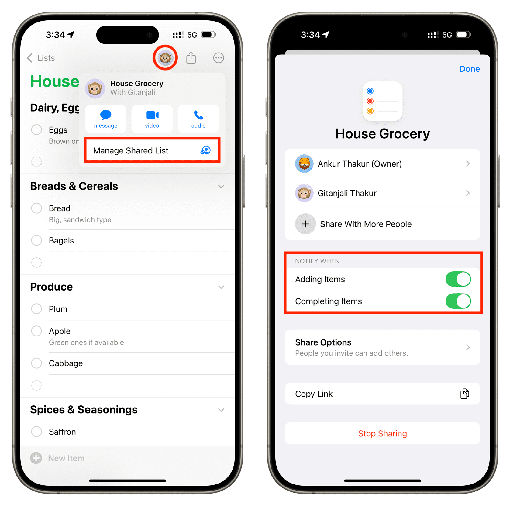 Get notifications when a grocery item is added or completed in Reminders app