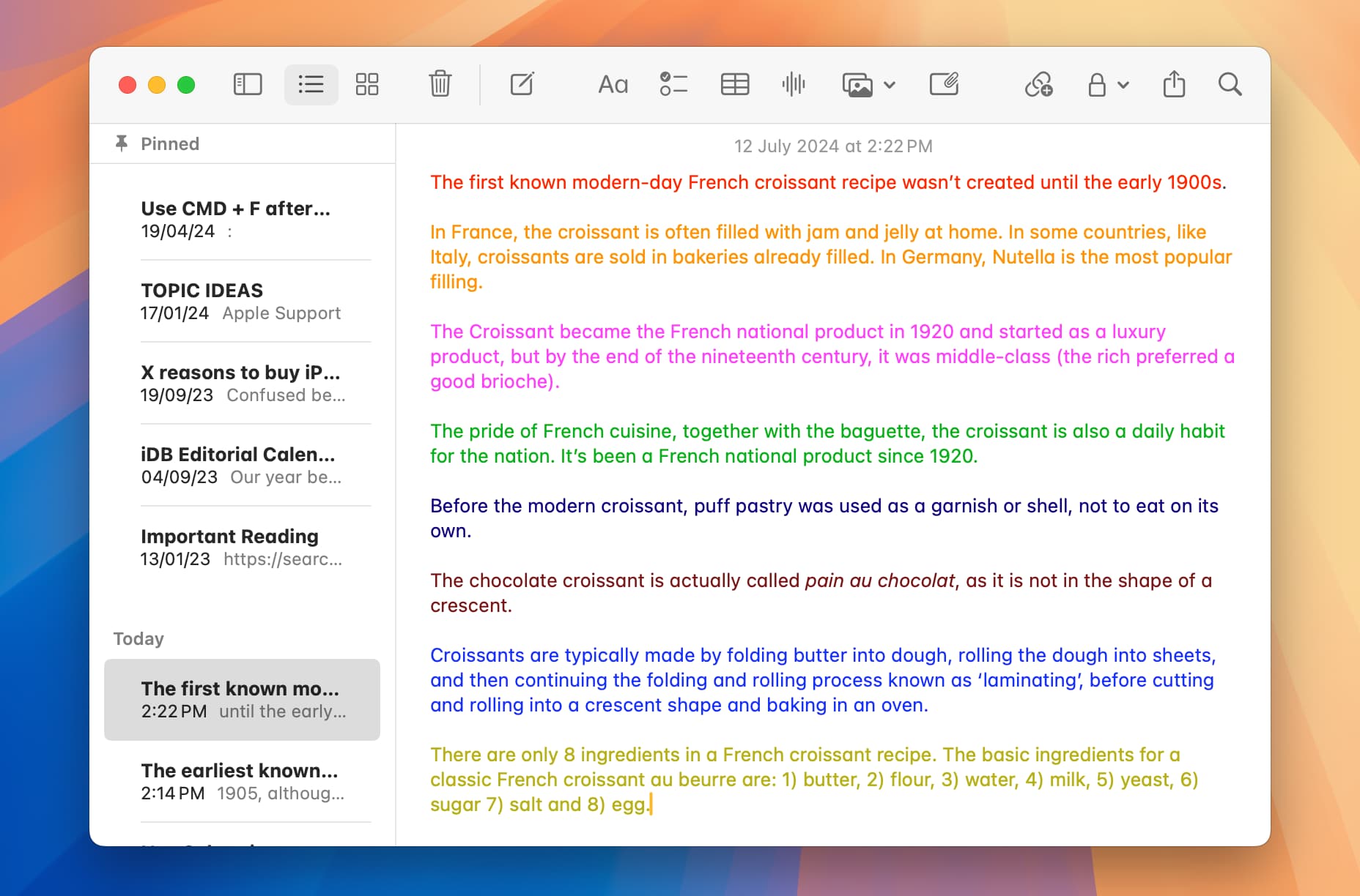 Long note on Mac with text in many colors