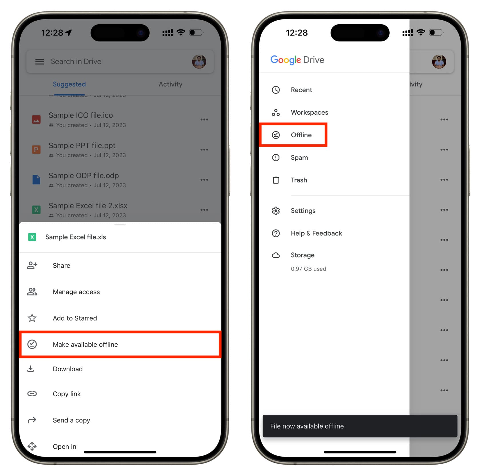 Make available offline in Google Drive on iPhone