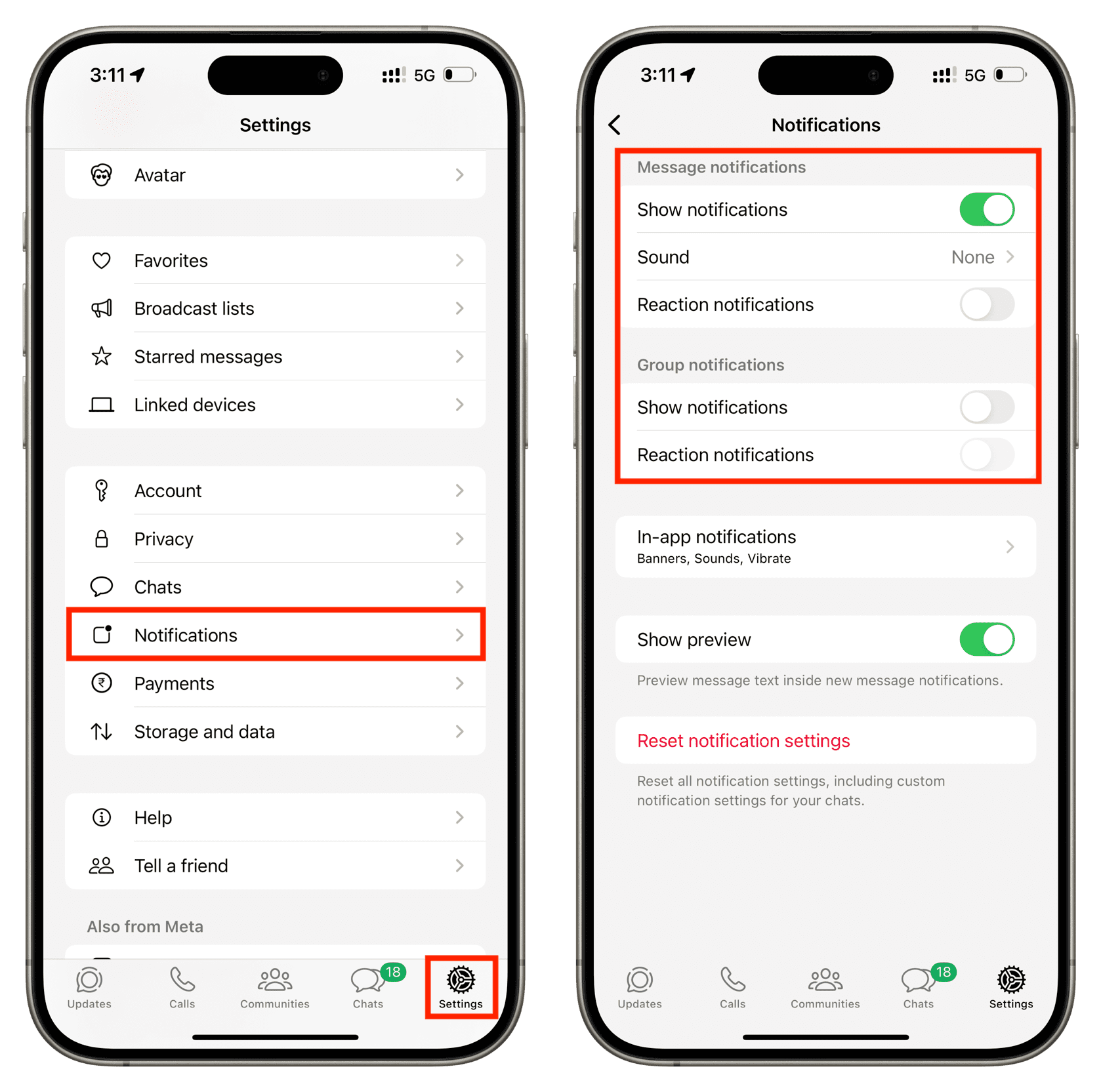 Managing Notifications in WhatsApp settings on iPhone