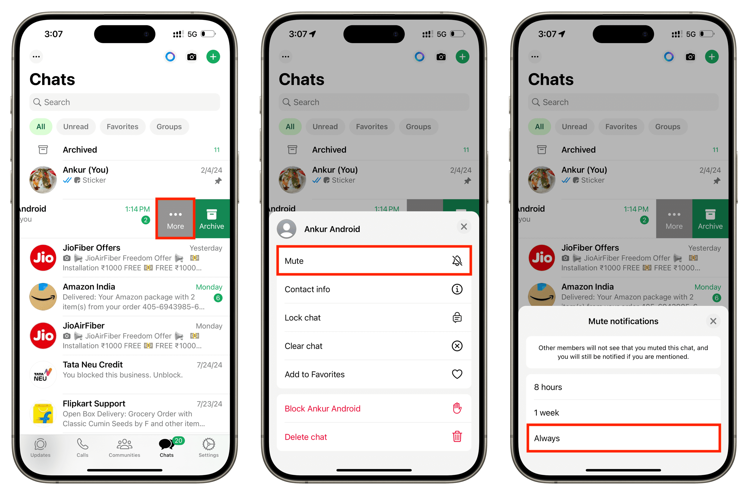 Mute notifications for a person on WhatsApp