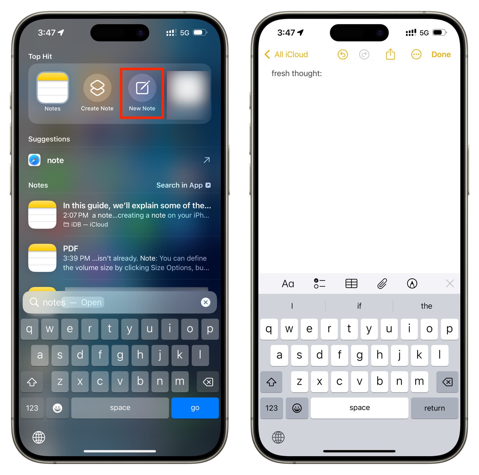 New Note from Spotlight App Shortcuts on iPhone