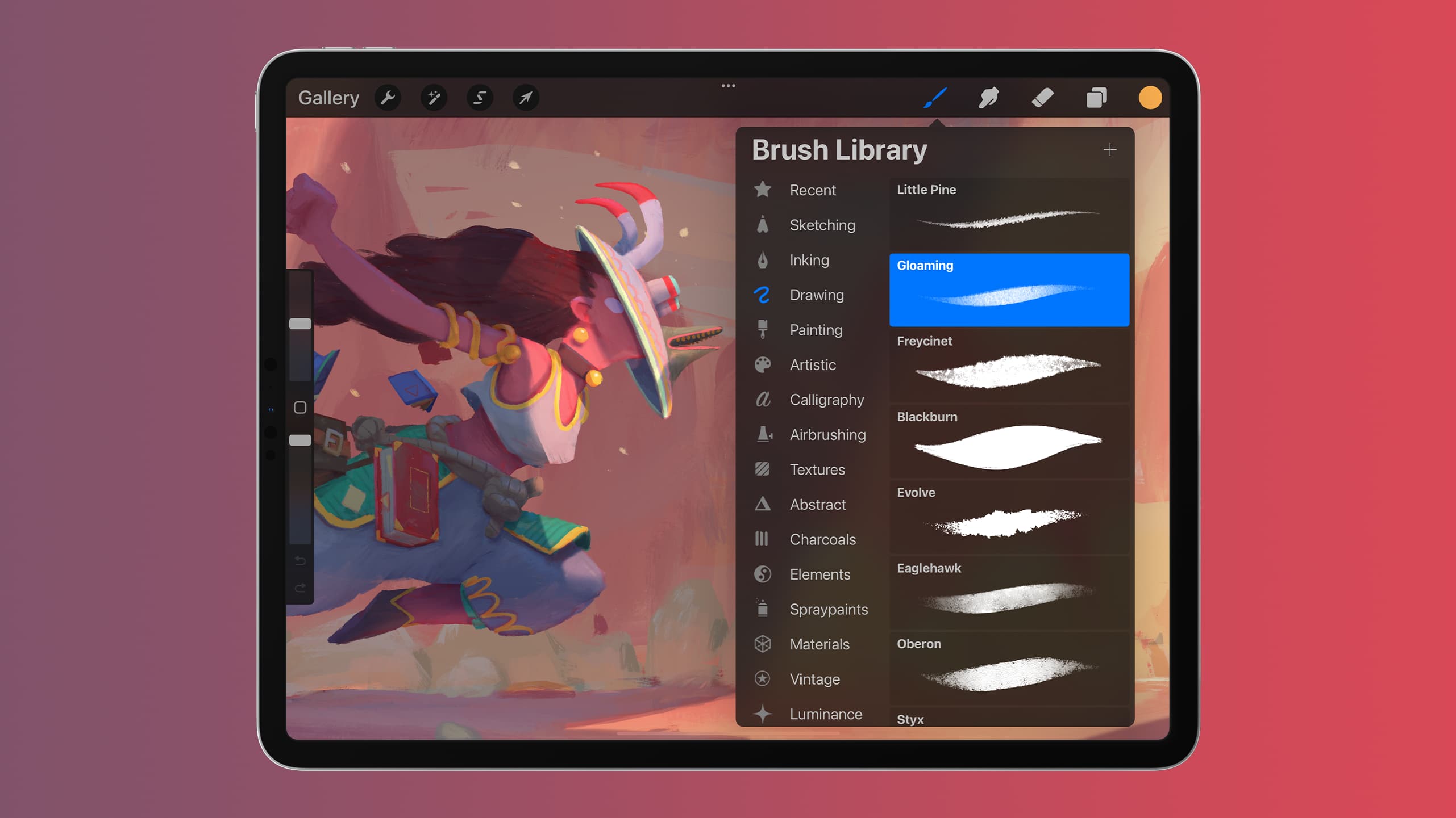 iPad running the illustration app Procreate, set against a colorful gradient background.