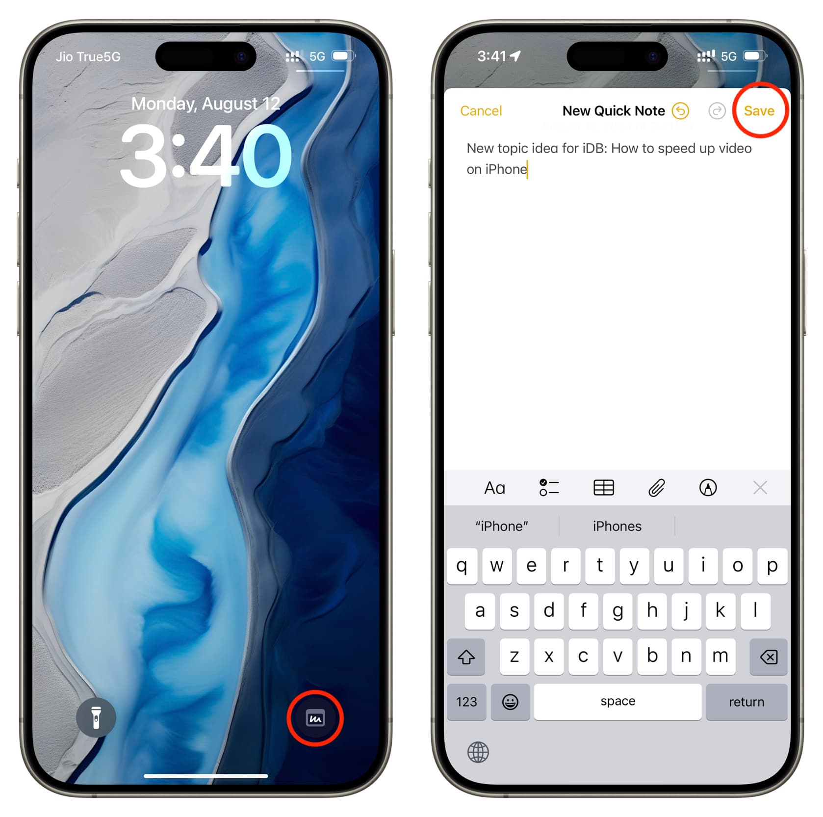 Quick Note button on iPhone Lock Screen