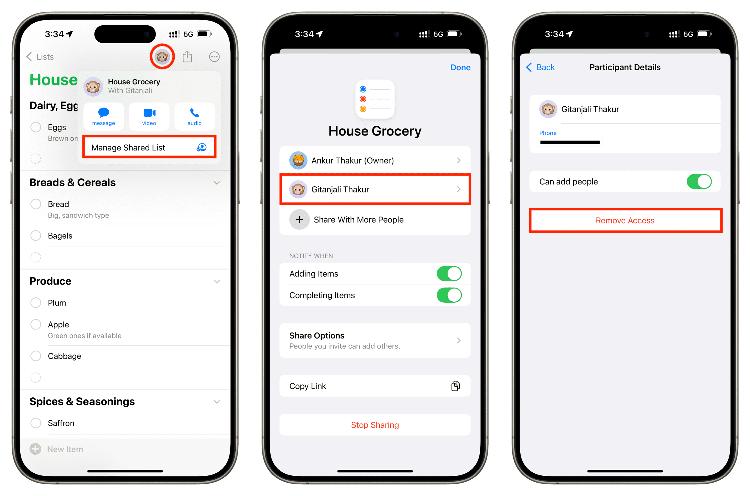 Remove a person from shared grocery list in iPhone Reminders app