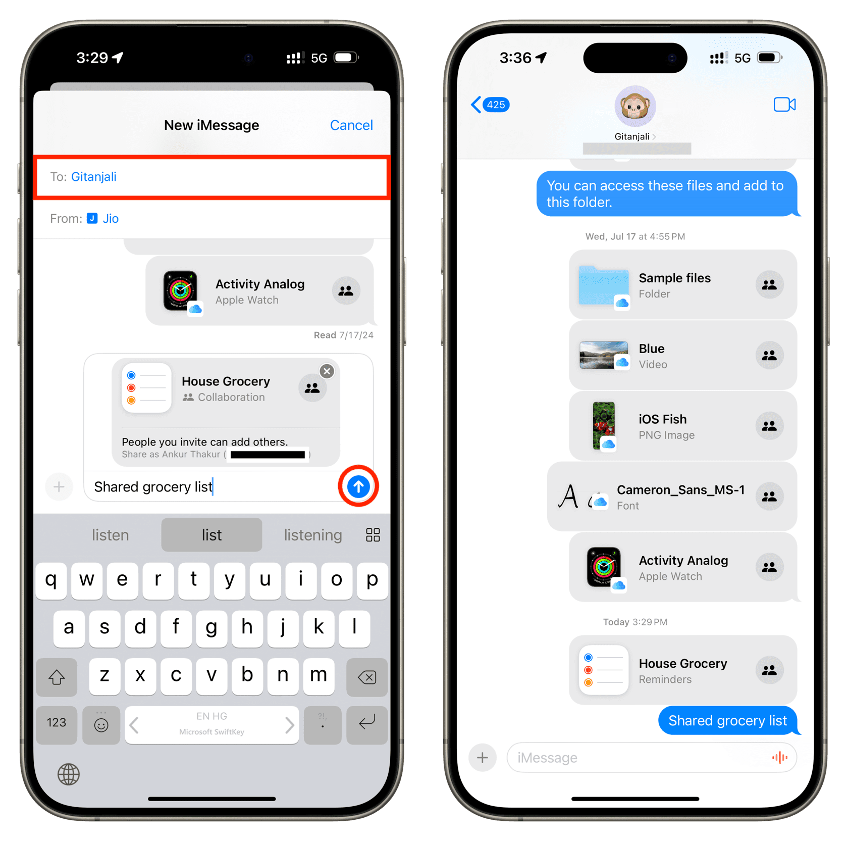 Send invitation to join shared grocery list using Messages