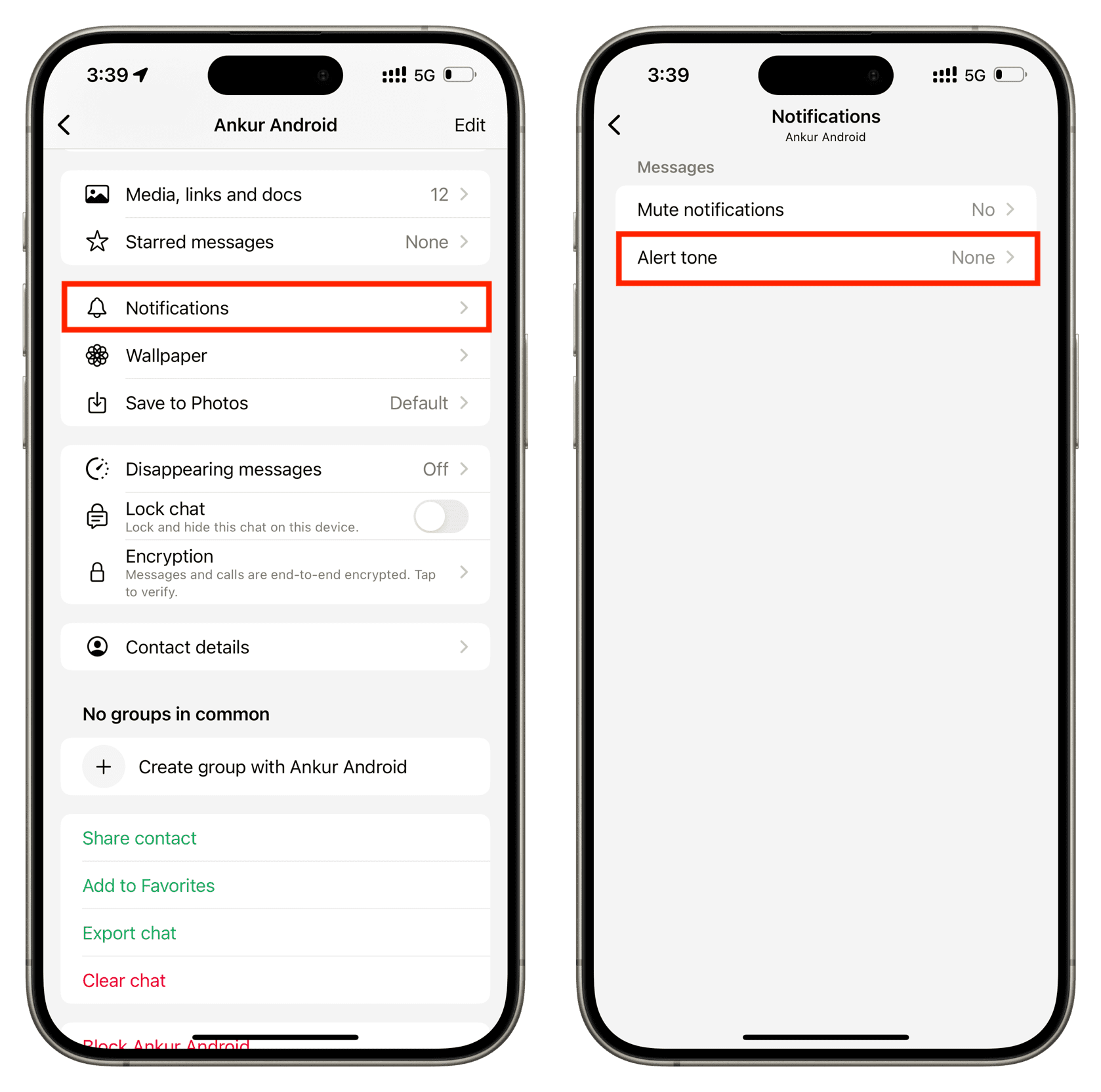 Set alert tone to None for a contact on WhatsApp