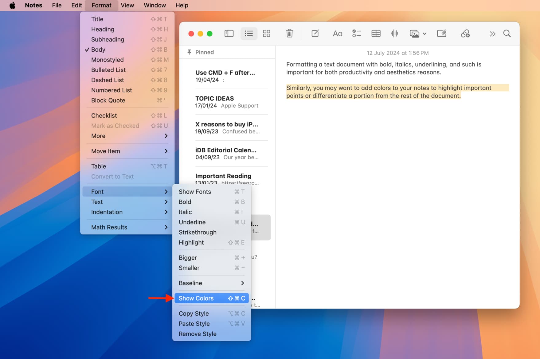 Show Colors in Notes app on Mac