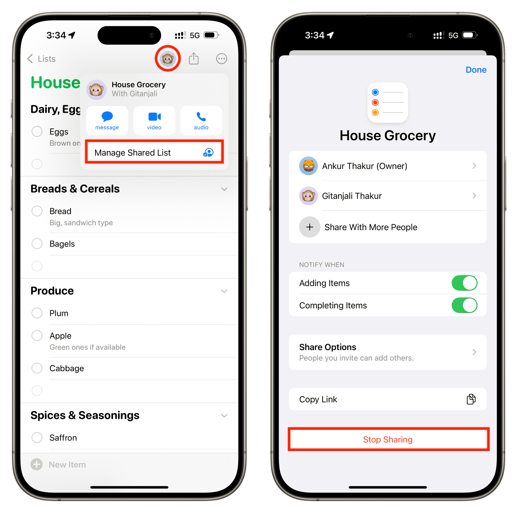 Stop Sharing grocery list in Reminders app