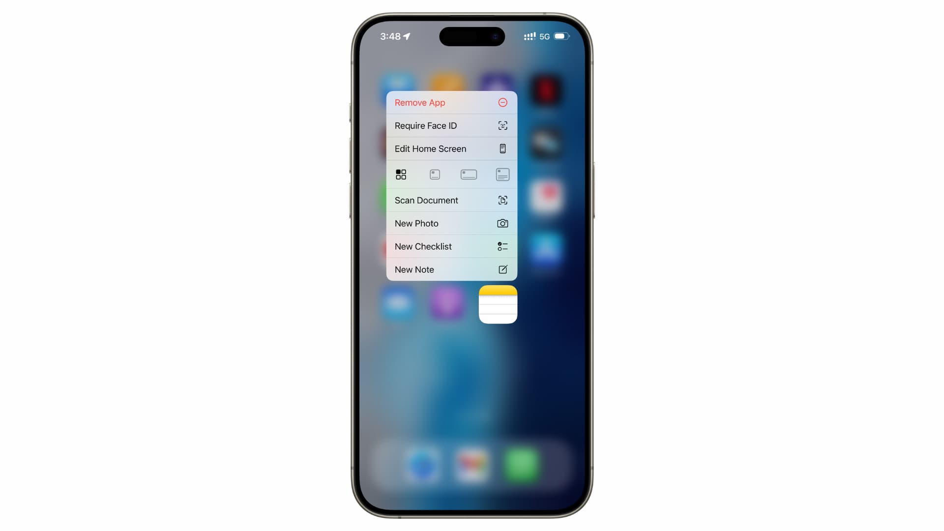 Touching and holding Notes app icon on iPhone Home Screen