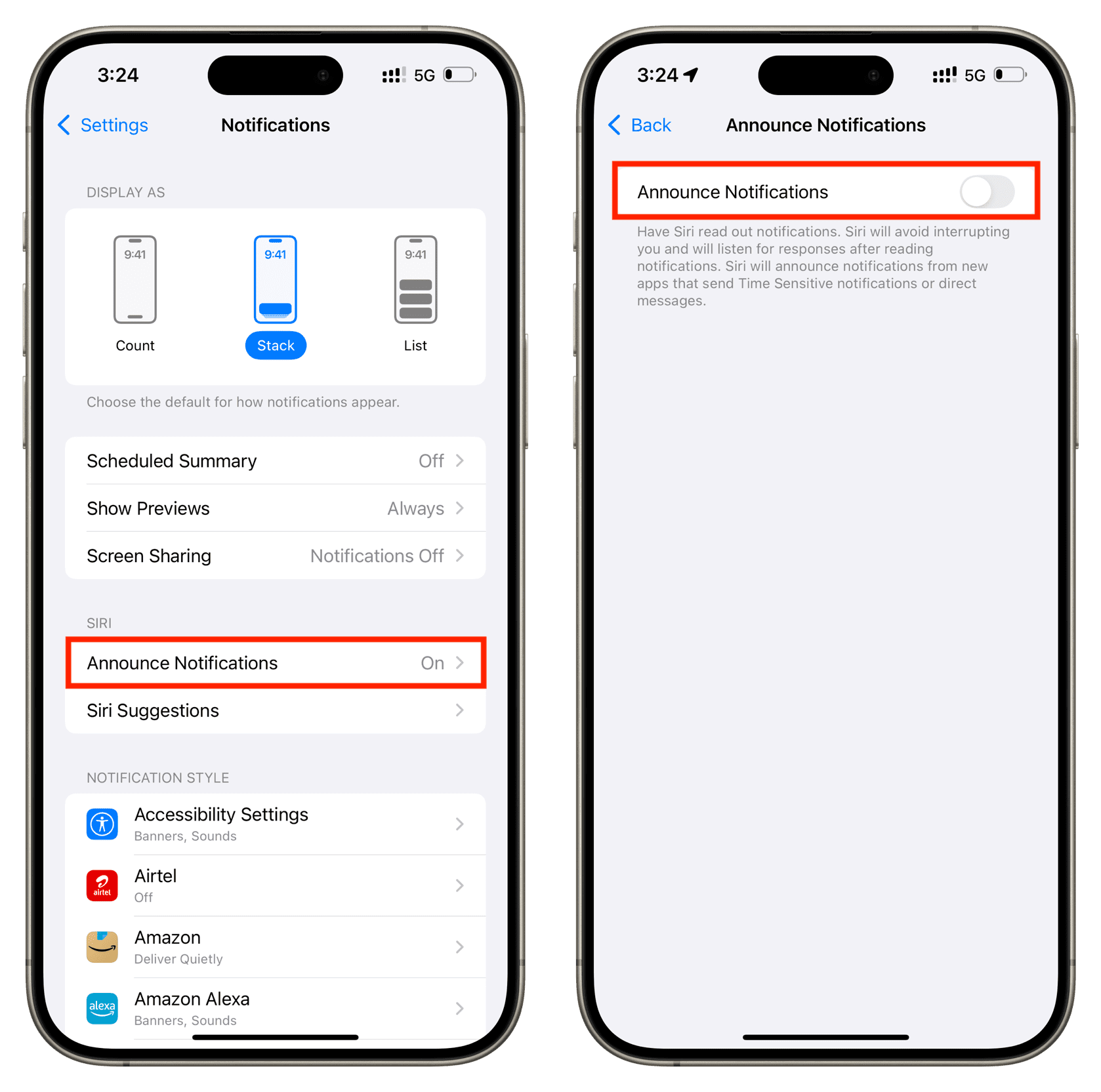 Turn off Announce Notifications on iPhone