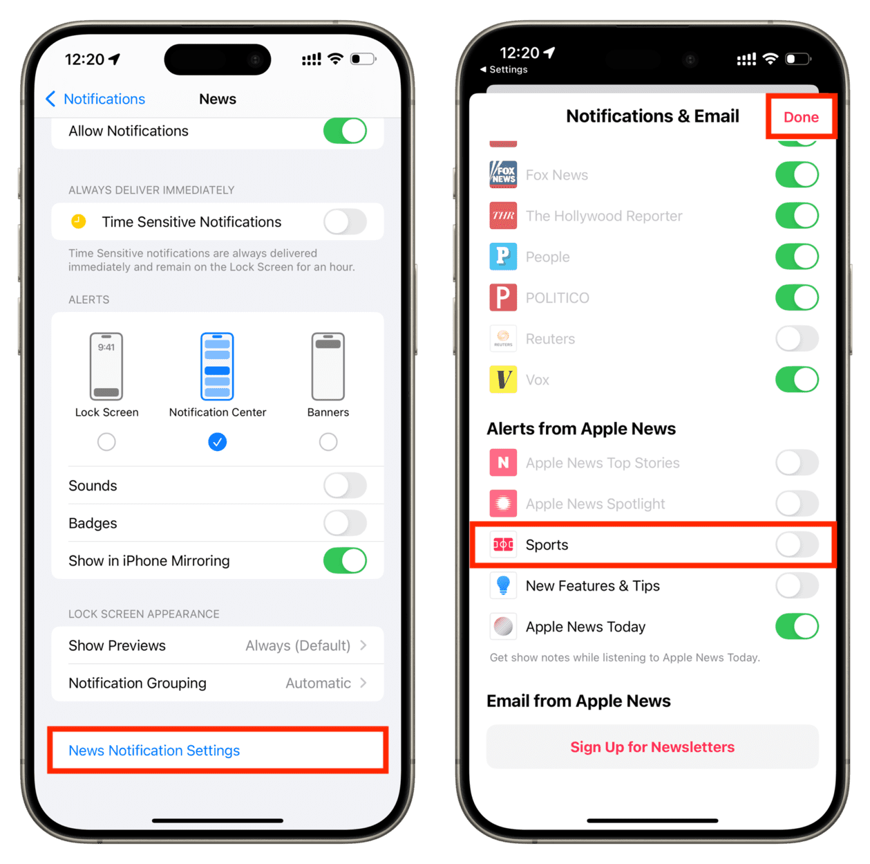 Turn off Sports notifications for Apple News on iPhone