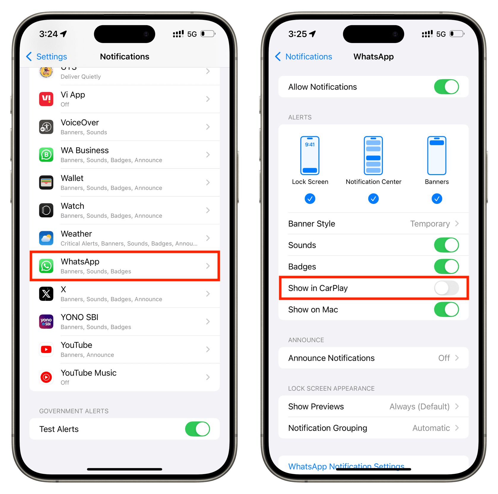 Turn off WhatsApp notification for CarPlay