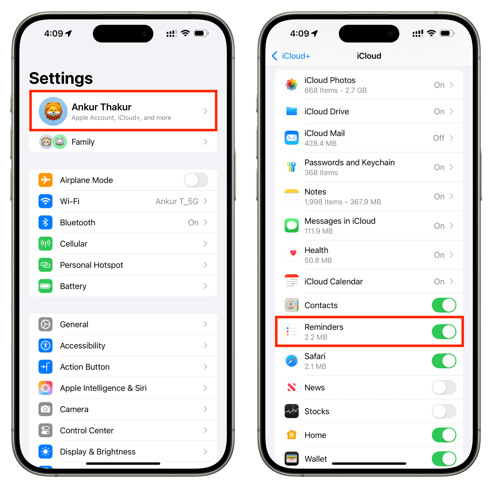 Turn on Reminders for iCloud in iPhone settings