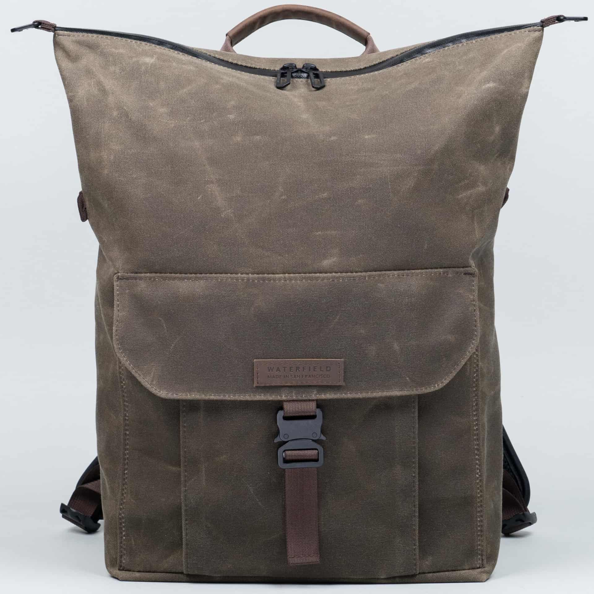 WaterField's Vitesse Backpack showcasing its expanded opening.