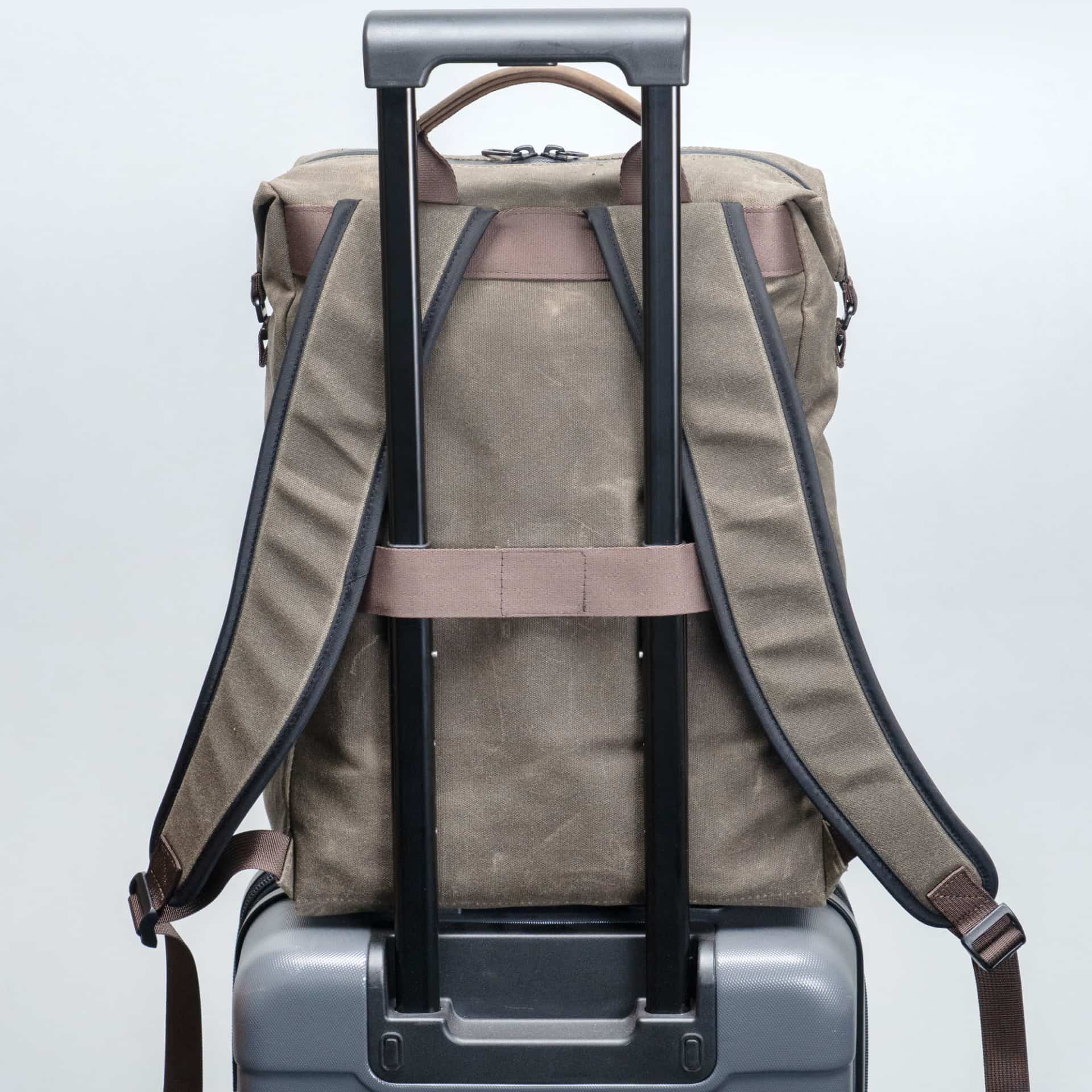 WaterField's Vitesse Backpack with a wheelie suitcase slot.