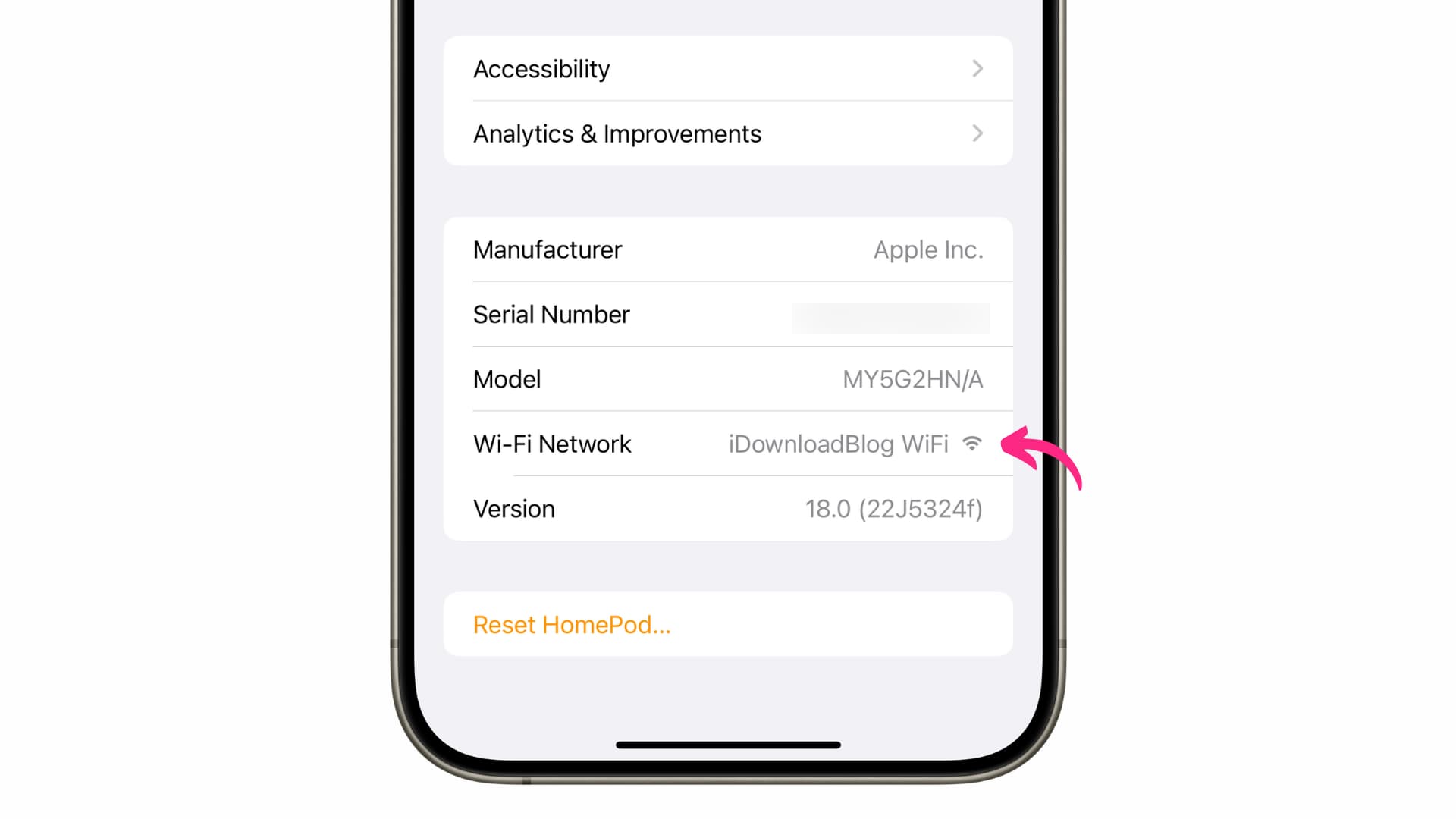 Wi-Fi Network for HomePod in Home app settings