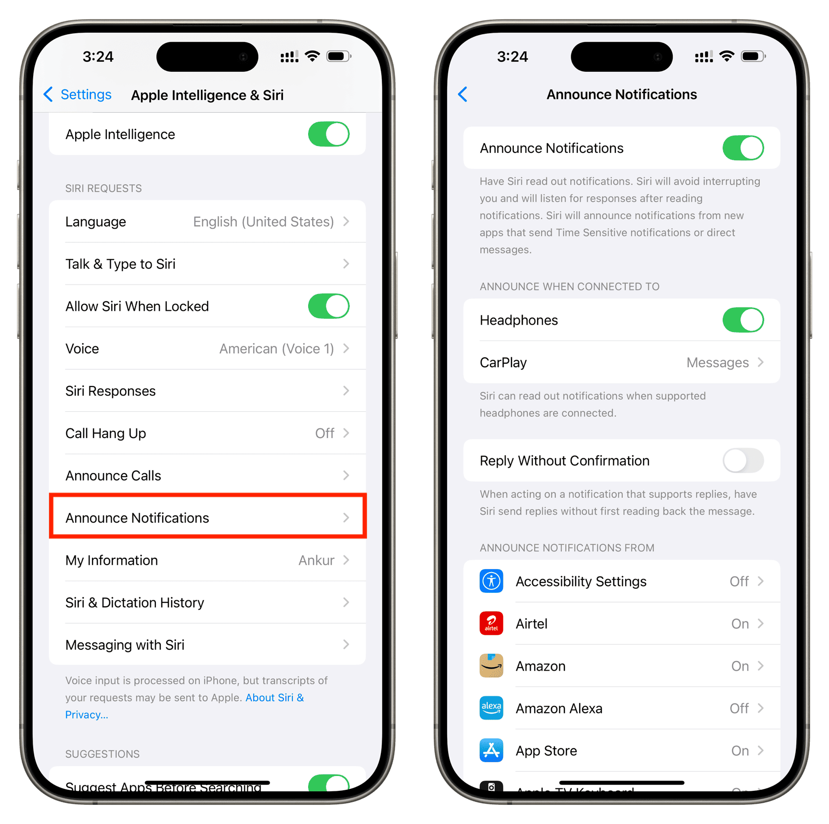 Announce Notifications enabled in iPhone Siri Settings