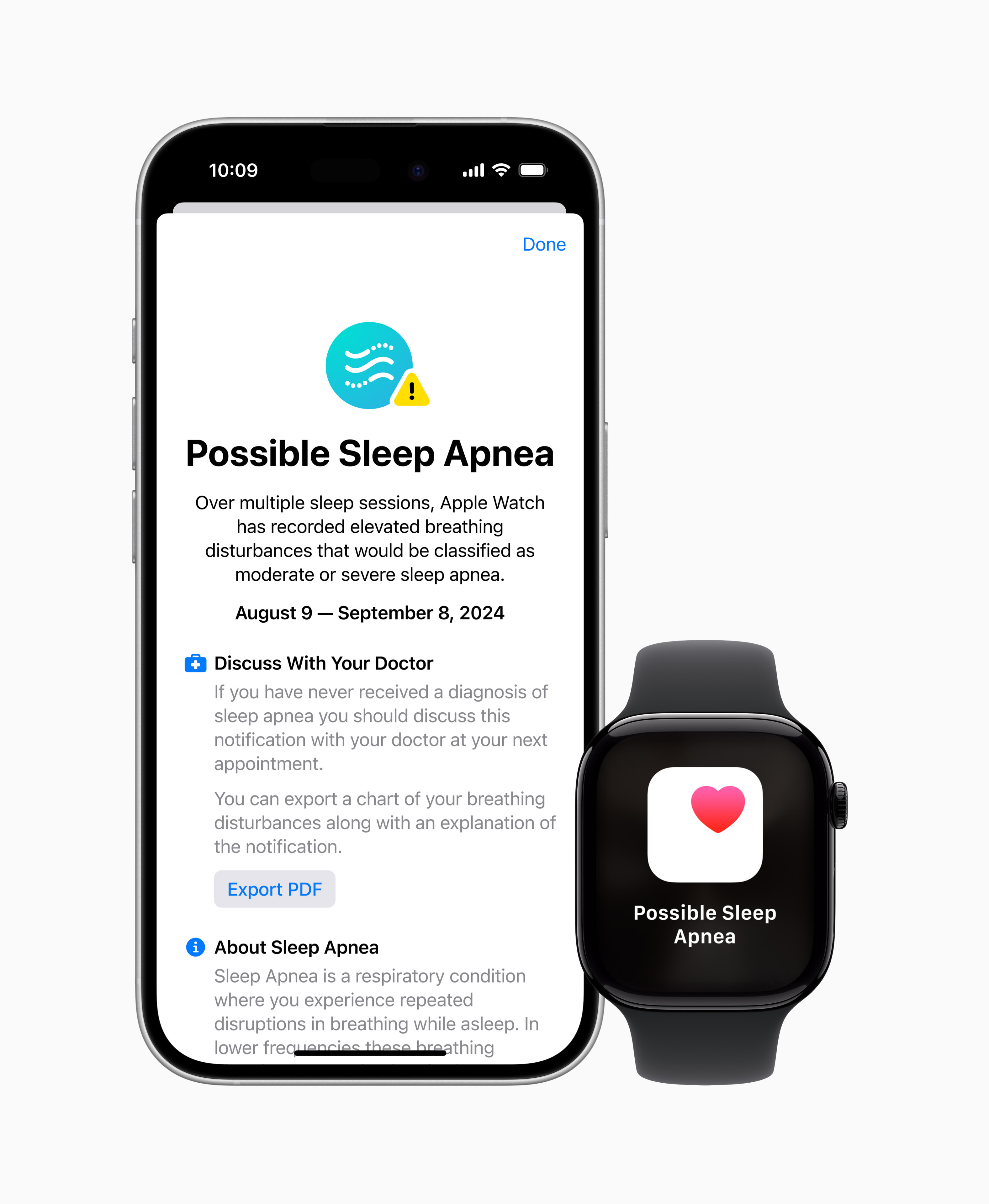 Sleep apnea notification on iPhone and Apple Watch.