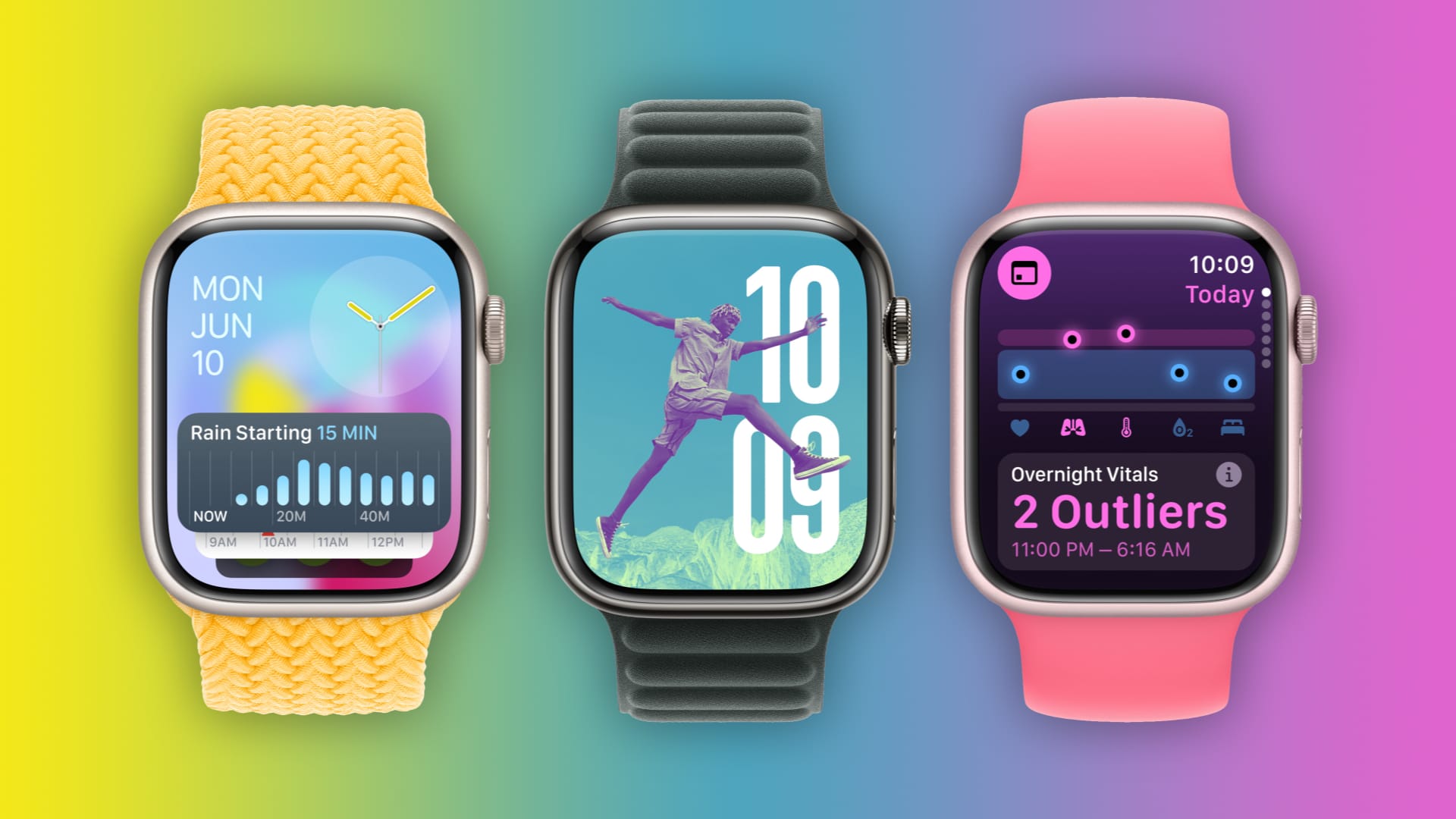 Three Apple Watches showcasing enhanced smart stacks, the Photos face and the Vitals app in watchOS 11, set against a colorful gradient background