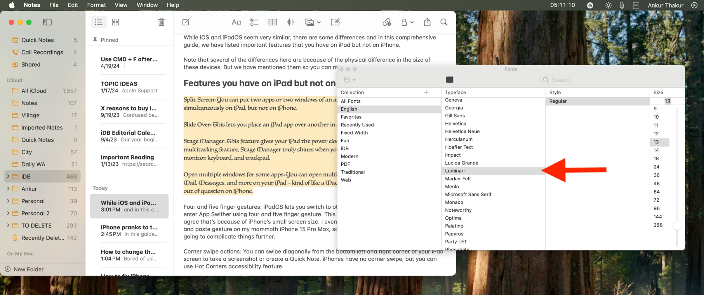 Changing text font in Notes app on Mac