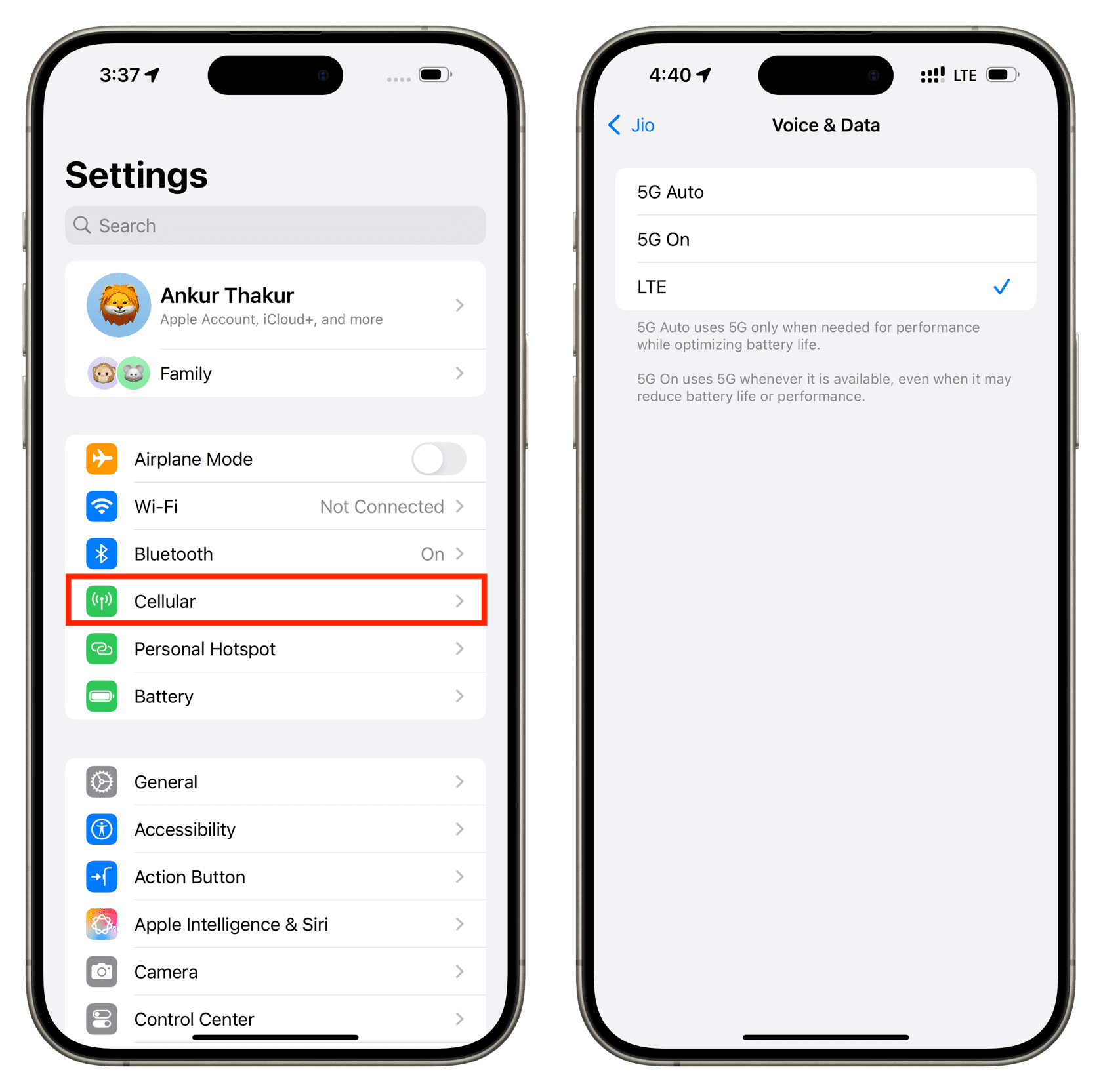 Choose 4G LTE instead of 5G on iPhone