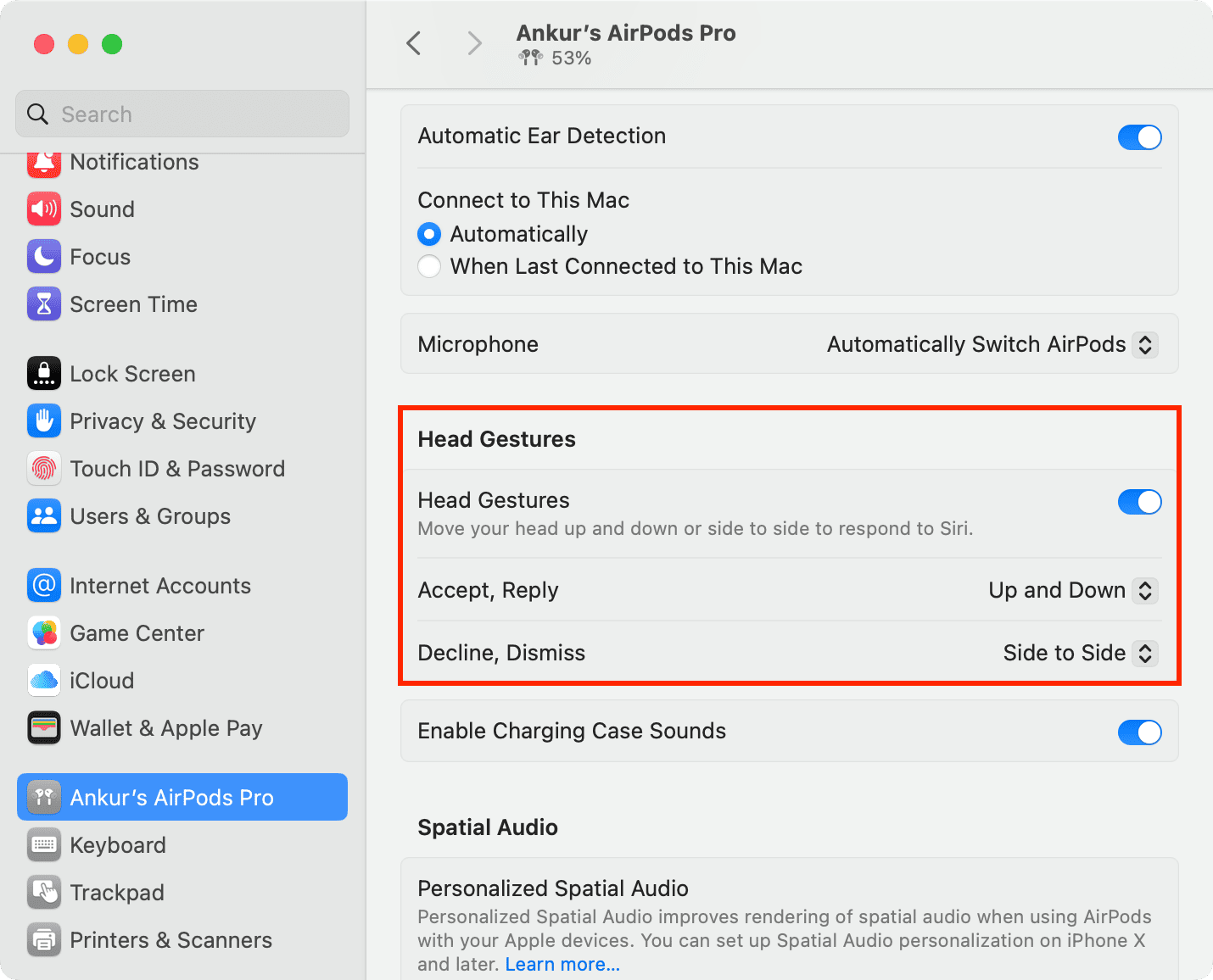 AirPods Head Gestures in Mac System Settings