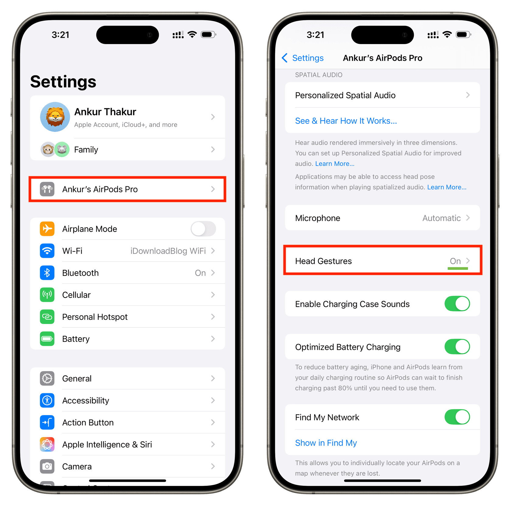 Head Gestures switched on in AirPods settings on iPhone