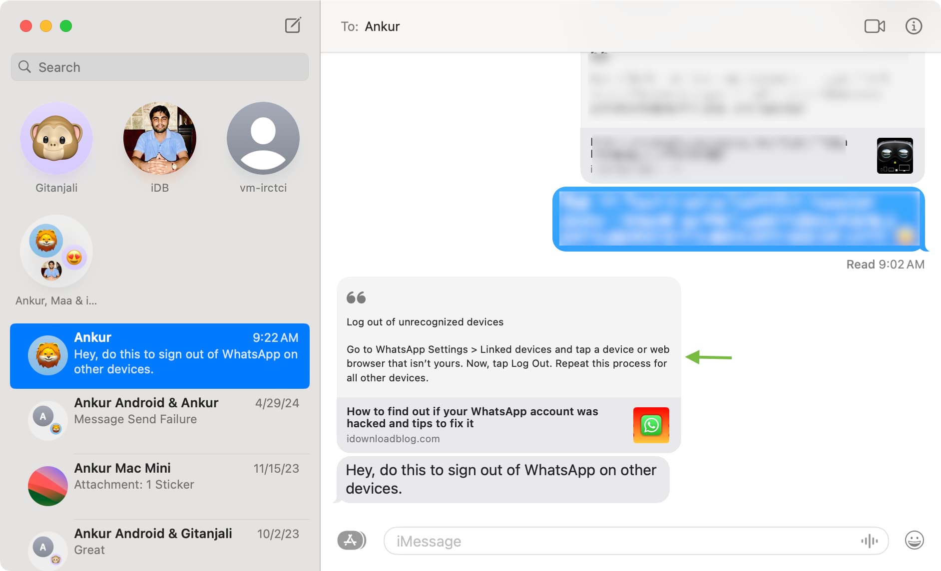 How web page quoted text looks in Messages on Mac