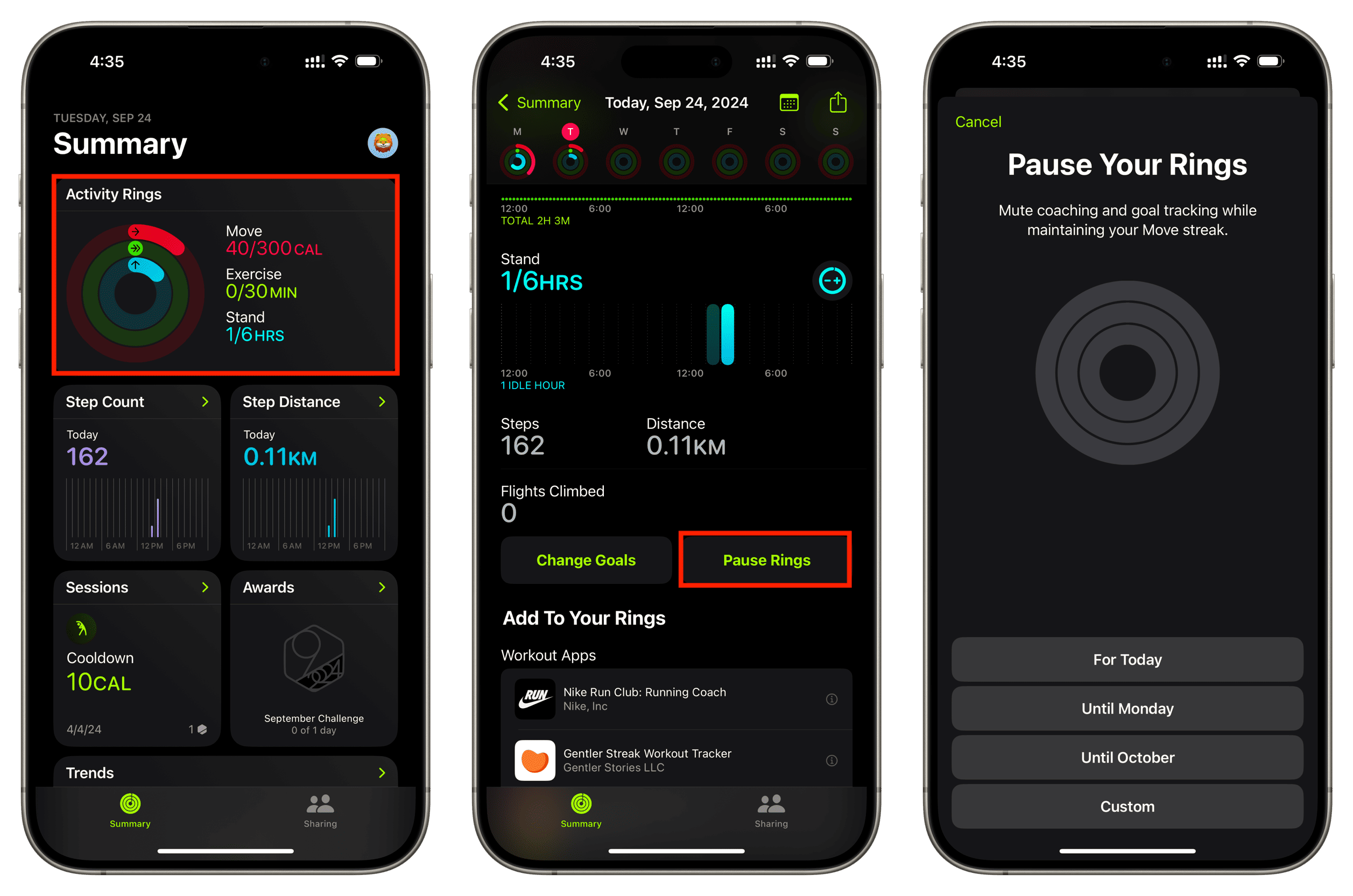 Pause Your Rings using Fitness app on iPhone