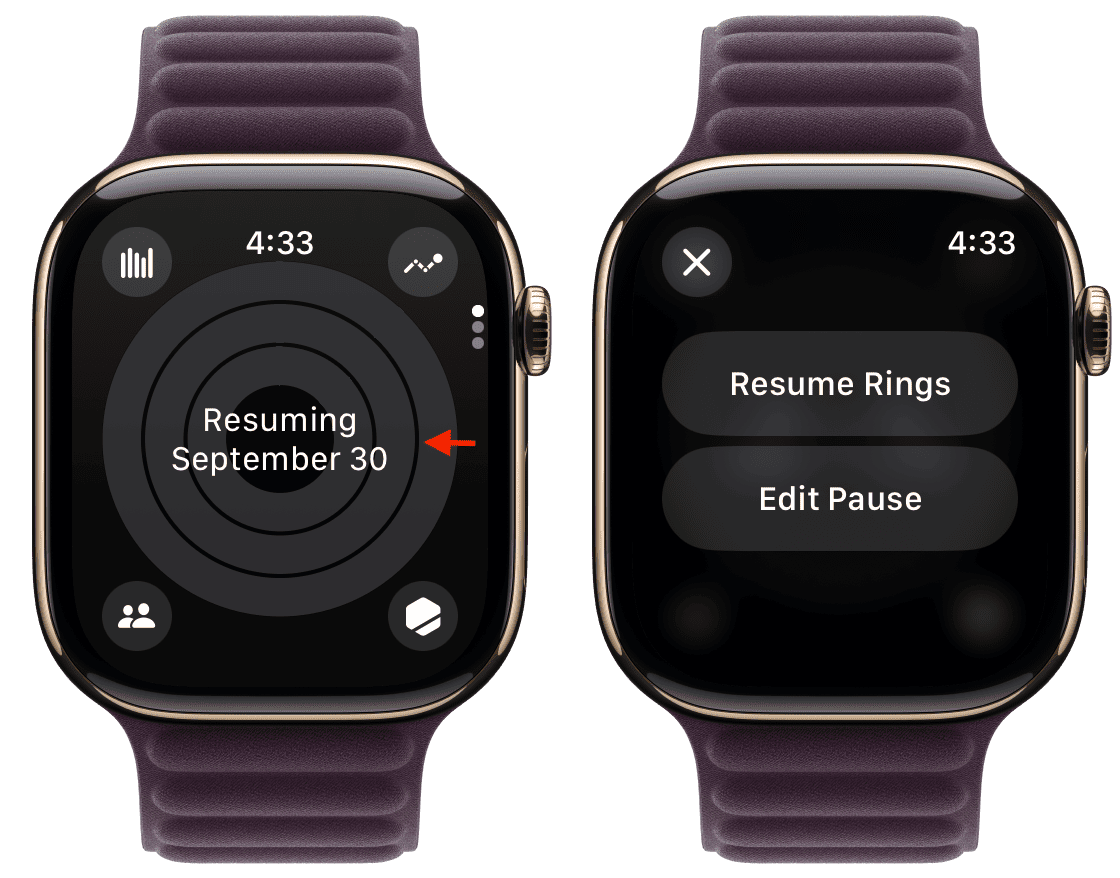 Resume Rings or Edit Pause duration on Apple Watch