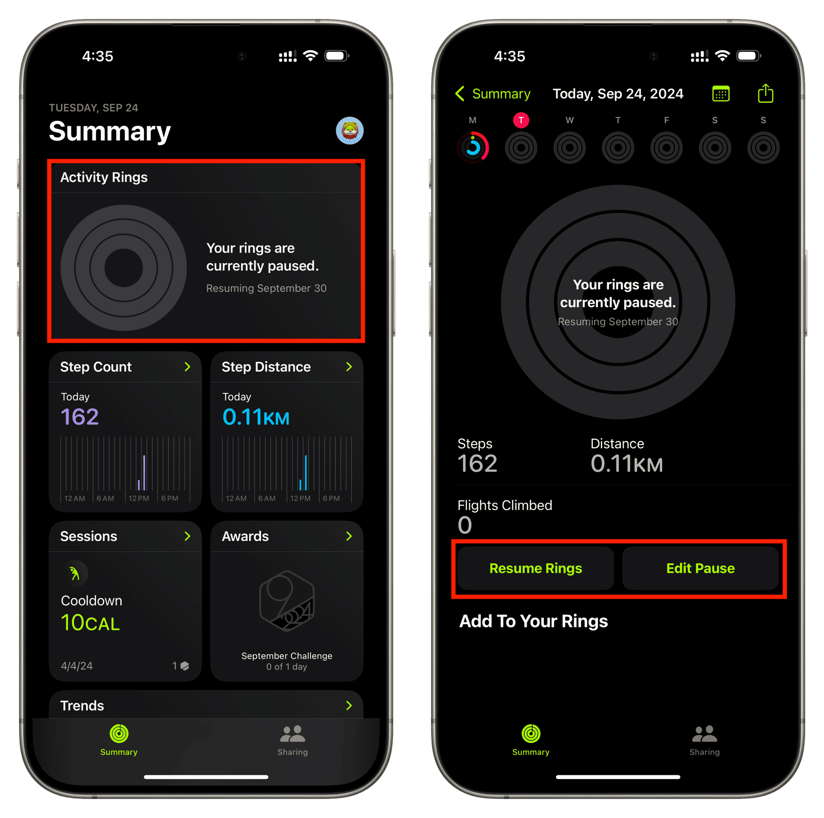 Resume Rings or Edit Pause in Fitness app on iPhone