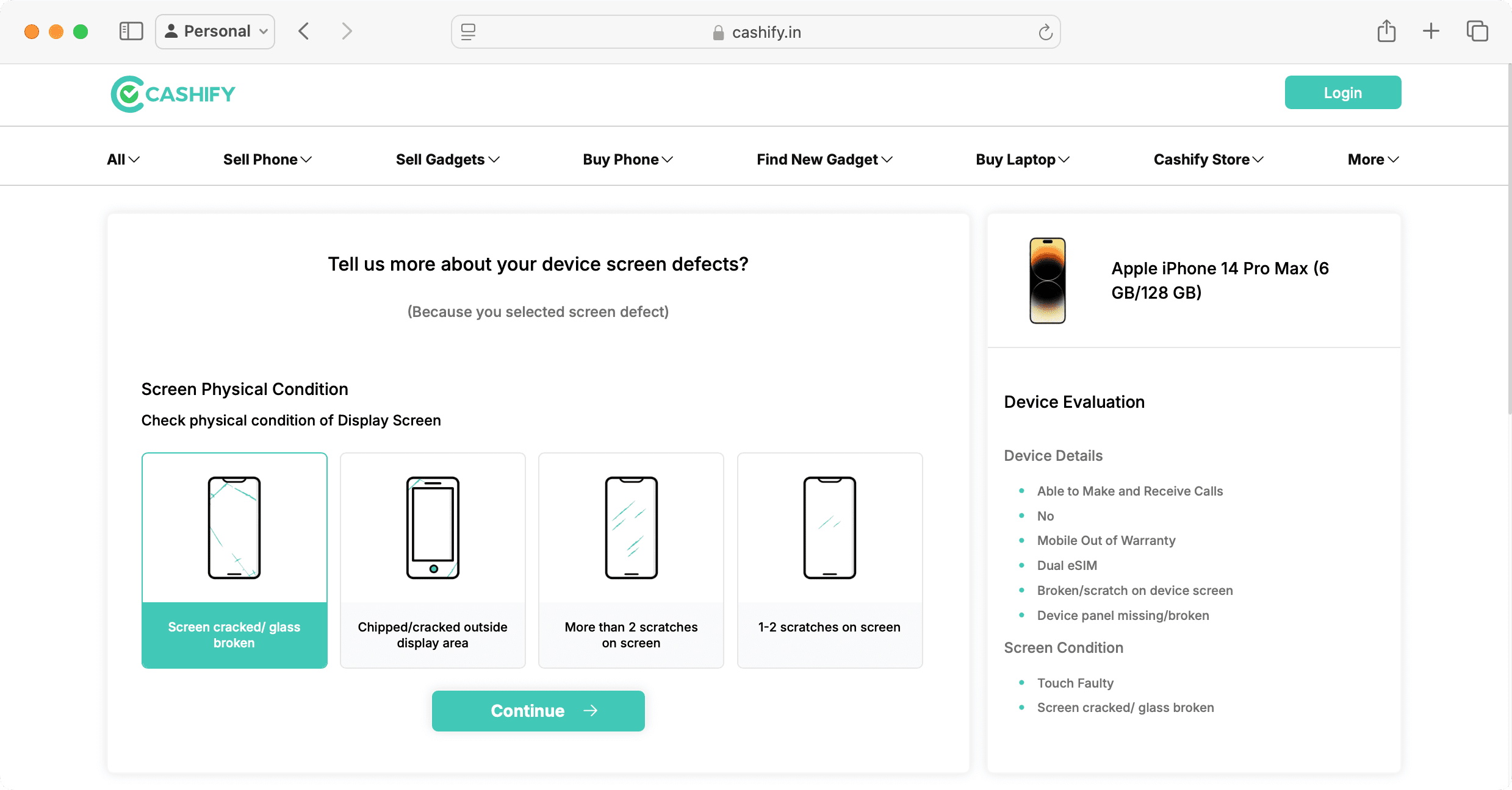 Screen defects options on Cashify