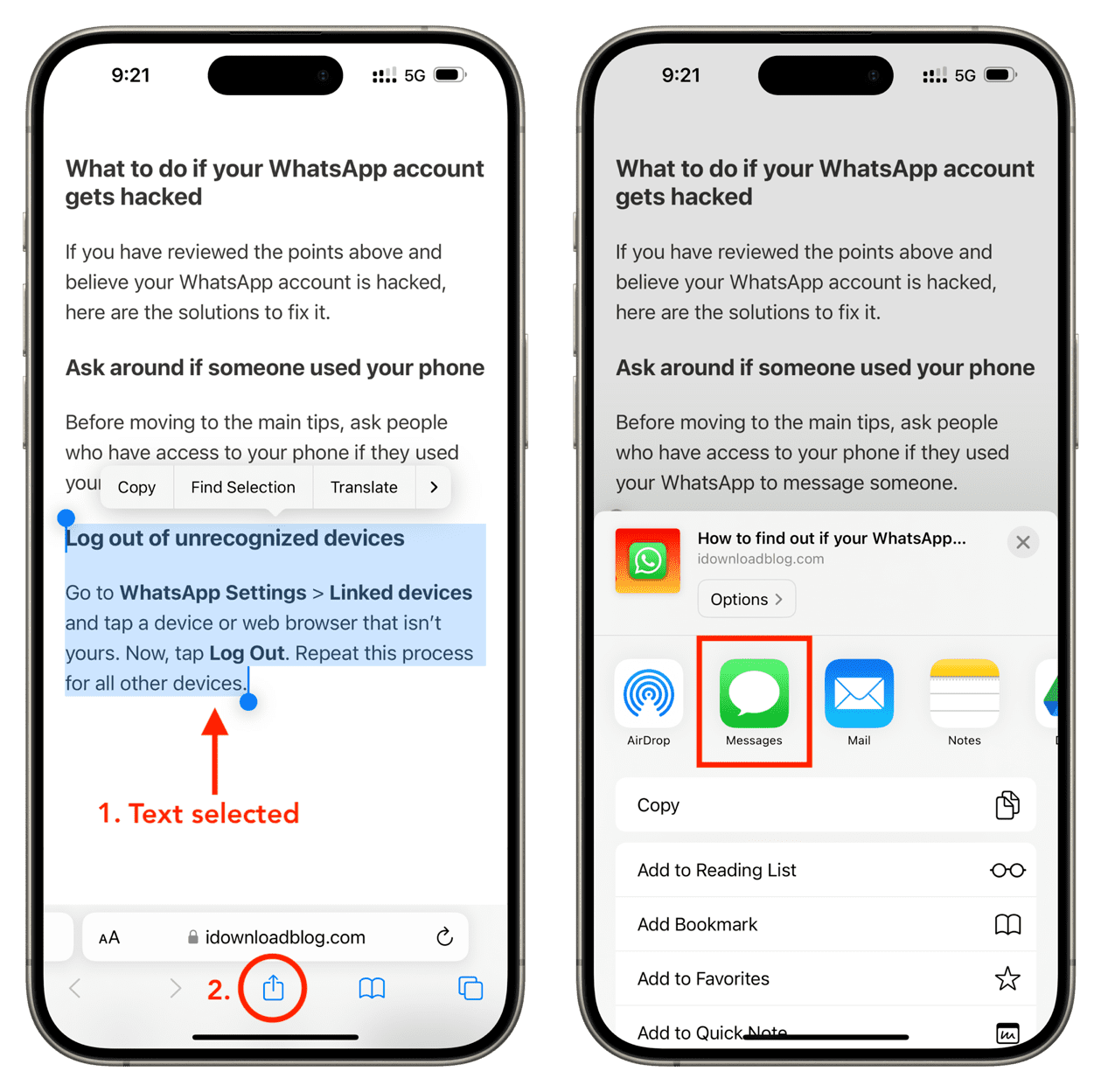 Select text on website in Safari, tap share and pick Messages